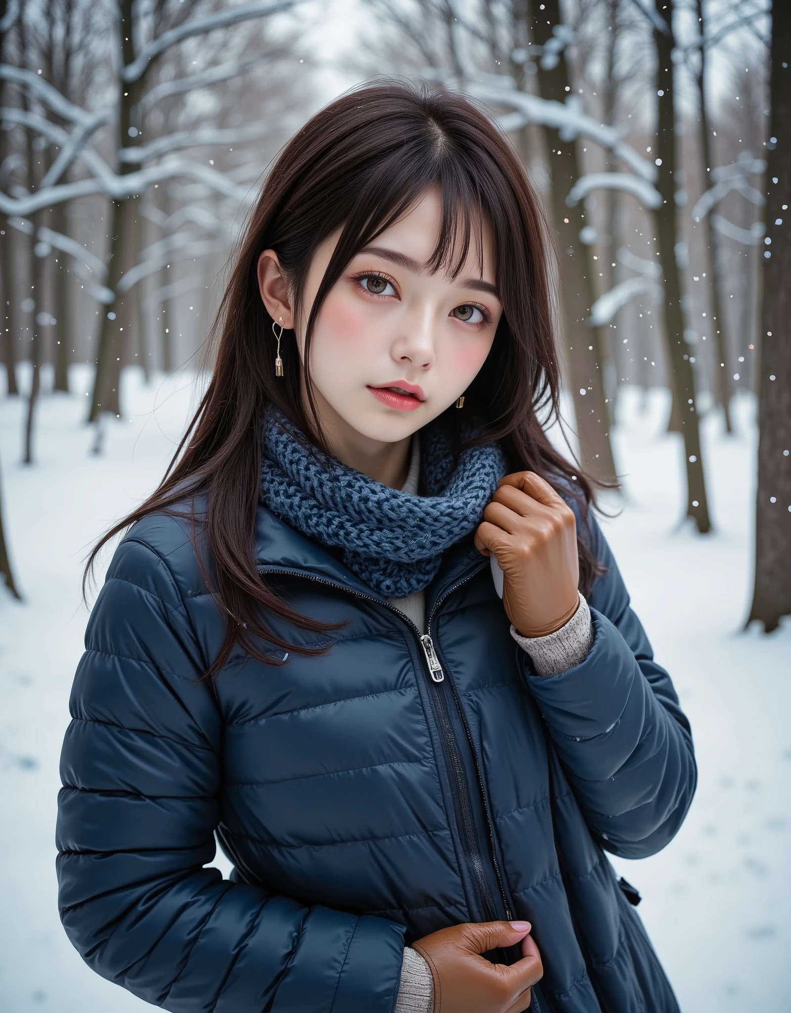 (Canon), (EOS R5), (50mm), (No lens flare :1.5), (超 Hi-Res), ( Masterpiece), accurate,( by Nomiな質感の肌), super detailed, high detail, high quality , Award-winning work , 最 high quality,32K, depth of field, digital camera, Award-winning Glamour Photos , professional lighting, (NSFW), ((最 high quality:1.5)), (( Masterpiece:1.5)), (( by Nomi)), Hi-Res, ( very beautiful and cute one Japanese woman ), (( upper body shot :1.5)), ((綺麗で beautiful, 18 year old Japanese)), (( high school girl)), 綺麗でFluffyの black hairロングヘアー, very sexy, charming beauty, seductive pose holding hands, Height: 160cm, slim figure, beautiful shaped big bust , E Cup, ( beautiful, Fluffy, black hair, medium hair :1.5), (( very cute smile with little teeth visible :1.5)), beautiful金のリアルなイヤリング, detailed facial features, (Extremely detailed and realistic skin :1.5), (( Extremely Detailed Realistic Eyes :1.5)), ((極めて beautiful瞳 :1.5)), (( Extremely Detailed, Long, Beautiful Lashes :1.5)), ((Extremely detailed and beautiful eyebrows :1.5)), (( Extremely Detailed, Attractive, and Moisturized Lips :1.5)), (( white teeth beautifully arranged )), very detailed, Snapshot, Natural Soft Light , In a snowy forest , ((ロングの青色のダウンコートを羽織っている beautiful女性)), (( Full nudity under the down coat )), ( My skin is slightly red due to the cold ), (( I can see a beautiful bust that is in a realistic shape )), ((Beautiful nipples and slightly larger areolas )), (( I can see real female genitals)), (( Tight stomach and belly button visible )), ((Excessive pubic hair)), dancing gesture , Depiction of light, it's snowing, white breath coming out of her mouth , 天使のような可愛くて beautiful顔, round face, Double eyelids, Big brown eyes, Beautiful irises, beautiful black hair,A warm and happy expression , Embarrassingly red cheeks, ((Navy blue wool hat )), (( wearing a warm and stylish dark blue winter scarf around her neck)), (( wearing brown long boots for snowy roads )), ((Wearing brown leather gloves )), beautiful自然を描いた,Outdoors, (最 high quality,masterpiece:1.3, 超 Hi-Res), ( very detailedな, caustics), Hi-Resで人間の皮膚, natural skin texture , Uses natural light and colors,( depth of field, Color Difference, Wide-area lighting, Natural Shading), (昼間のOutdoors:1.4), ((チラチラと it's snowing:1.5)), ( I have a little snow piled up on my hat, coat, and hair :1.2), (Reflective Snow:1.2), (( dynamic angle ))