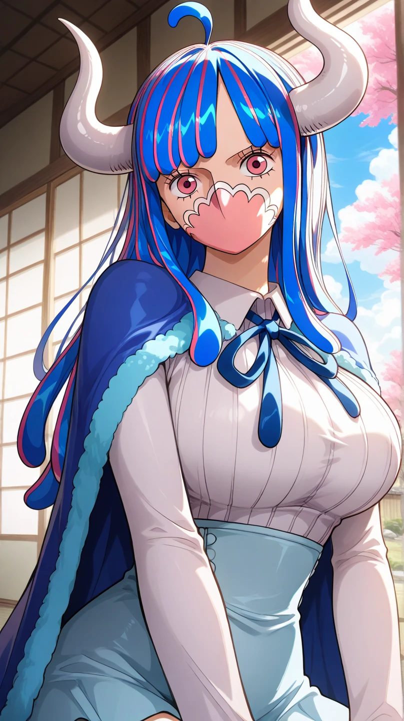 High resolution, RAW images, high quality,(masterpiece, 最high quality:1.4), Cinematic Light, colorful, High Contrast, (1 girl), Alti OP, One Piece Anime, ((Big Breasts)), Striped Hair, colorful hair, Long Hair, Blue Hair, Pink Hair, bangs, (Horn:1.1), Dynamic pose, blush, Embarrassing, View Viewer, alone, thigh, white thighhighs, Pink Eyes, Sitting, Excellent anatomy, Good artist, masterpiece, Undressing, Change of clothes, Open striped long sleeve shirt, Undressing, Blue Bra, Blue panties, window, Medium chest, sunlight, Lips parted, Backlight, Blue Cape
