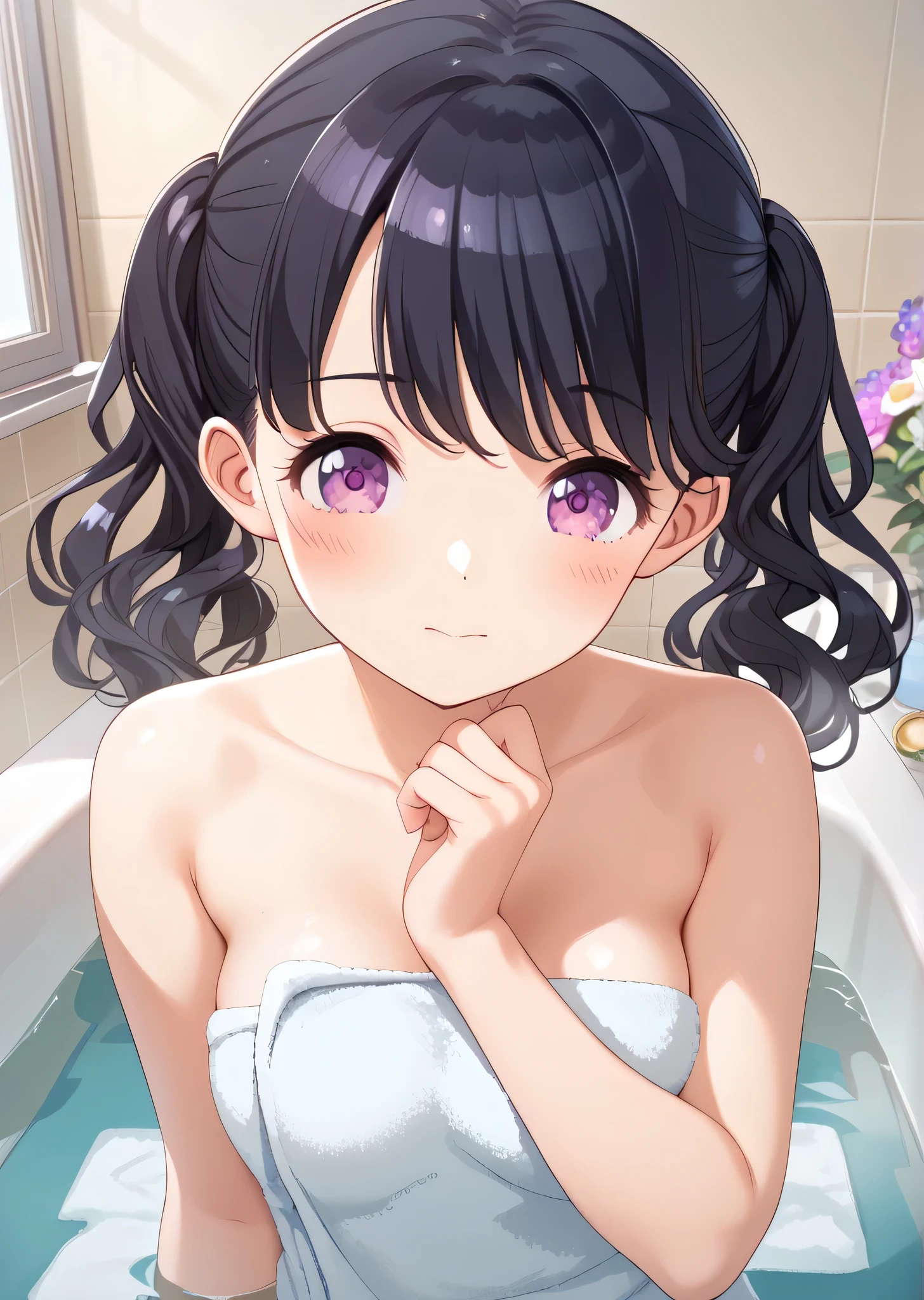 (((best quality))),(unparalleled masterpiece, side light, beautiful beautiful eyes: 1.2), ultra realistic 8k cg, perfect artwork, highly detailed, Mess, super high resolution, very super detailed,(((Fukumaru Koito))),((1 person)), alone,(((purple eyes,fine grain:1.1)),((( bath towel))),bangs, black hair, twintails,flower,medium hair, swept bangs,Perfect hands,rest,(((embarrassed,blush:1.3))),seductive pose,seductive pose,restingslender,hot,cute,perfectly symmetrical face,super cute girl,Super cute face,highly detailed eyes,super fine hair,super cute,very beautiful, bathroom,(((Beautiful breasts: 1.3)))