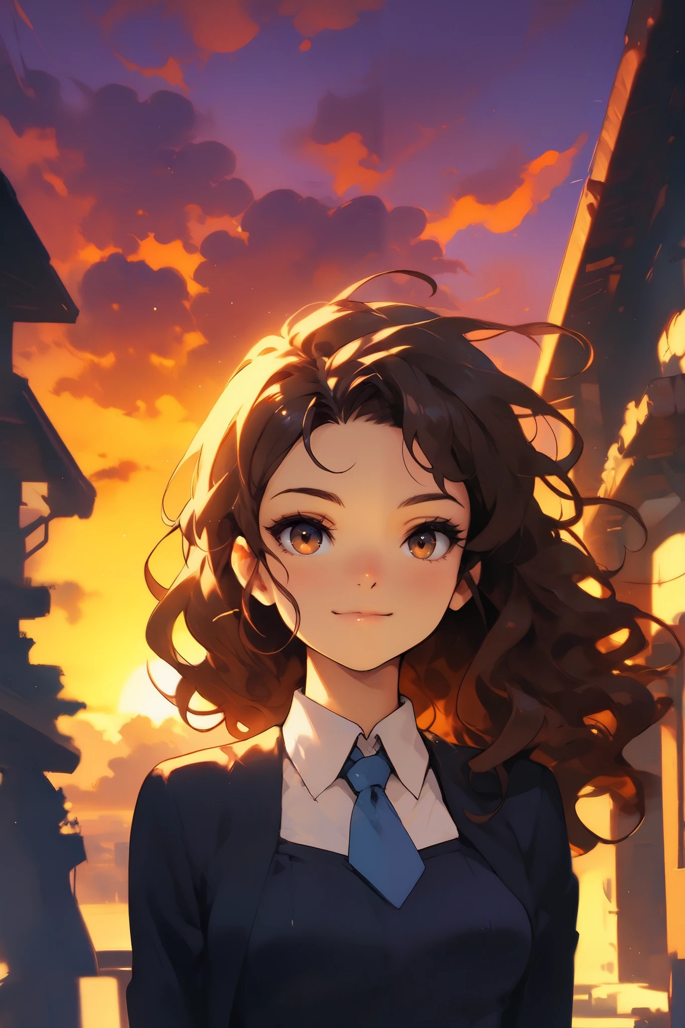 Masterpiece, Best Quality, UHD, extreme Close-Up, Light Smile, 1girl, Brown Hair, Wavy Hair, Hazel Eyes, Chiaroscuro, Anime Style, Victoria justice in a balcony, sunset,