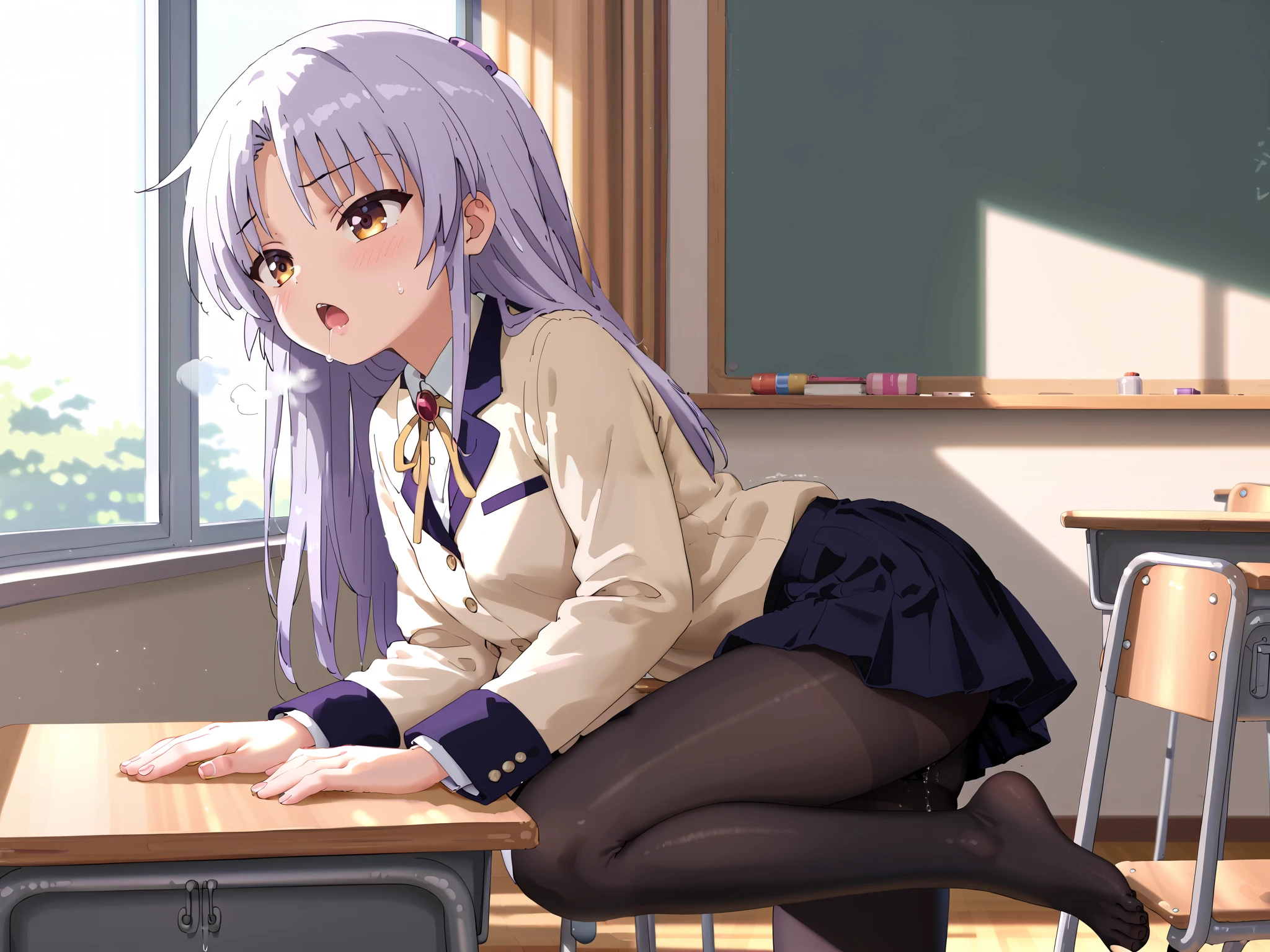 ( Masterpiece, beautiful,hughres,CG,8k,16k, top quality, Hi-Res, Fine fingers , detailed hands, detailed legs, Fine Eye :1.5), from side, panties, 1 girl, alone,( in class,classroom,School,Schoolの椅子:1.5),(Schoolの椅子に座る, stretching the legs on the chair :1.2),(School uniform, long hair, white shirt, blazer,ribbon, black tights, pleated skirt , black skirt :1.2),( white panties :1.2), big breasts, Sitting,( lean back, lean back of chair,reclining:1.1),(My feet:1.2), leg up,( Knees to chest :1.1),( female orgasm, pussy juice :1.3),( is shaking:1.4),( out of breath , heavy breathing,:1.5),(Impatience 1 .1), Panicked ,( fidget :1.4),( steam:1.2),( sweaty skin:1.4),( makes me shed tears:1.2), drool ,( Look Down:1.4),(Inner Voice:1.2),( squint :1.6),( open your mouth ),(Tachibana Kanade:1.5)