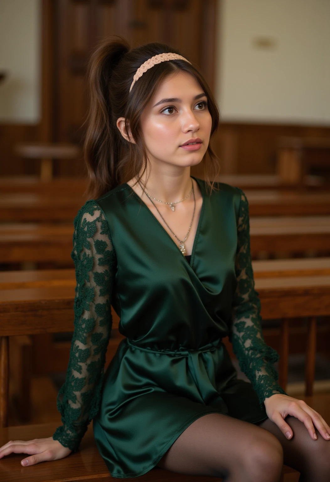 Generate an image of an incredibly beautiful woman with long, straight hair, expressive green eyes, and a charming face. She is dressed in elegant and modest attire suitable for a church lecture. Ensure that she is looking directly into the camera, conveying confidence and serenity in her facial expression.
