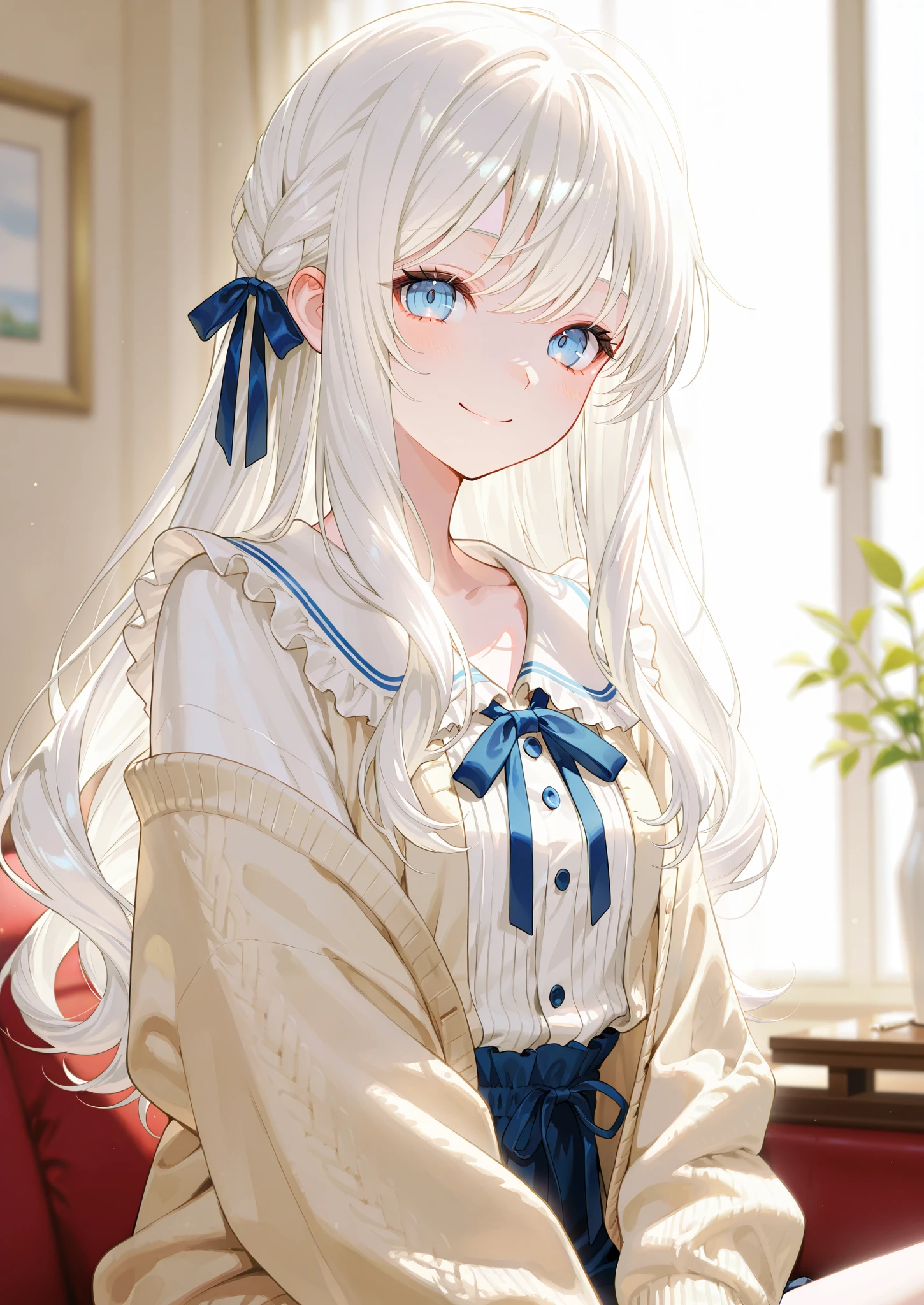 One person、 wave hair、 frill、ribbon、 smile、 watching here、 Masterpiece、 top quality、 blurry background indoors、 depth of field、 natural light、 Soft Lighting 、 detail hair、 white hair、Blue Eyes、 long hair、 blouse、 Cardigan