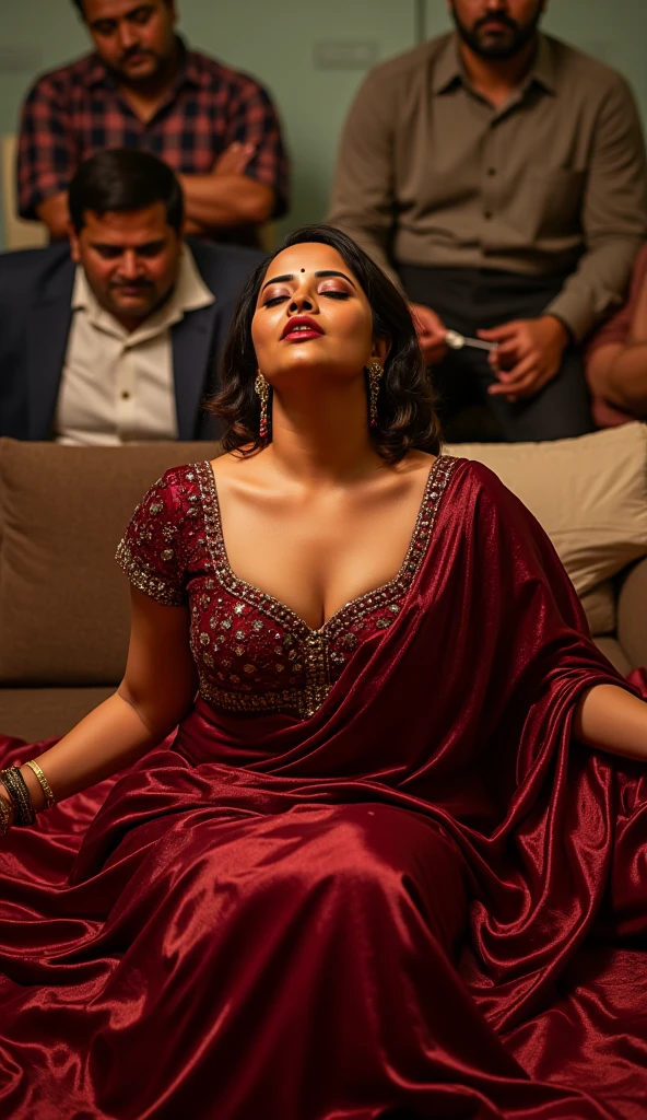 araffe woman in a red sari laying on the ground, very seductive pose, elegant pose, stunning elegant pose, seductive pose, beautiful pose, glamorous pose, indian super model, dressed in a sari, 7 0 mm. dramatic lighting, glamour pose, candid!! dark background, traditional beauty, elegant seducing pose, mid shot portrait, attractive pose, sexy pose, big , sexy cleavage show, wet body