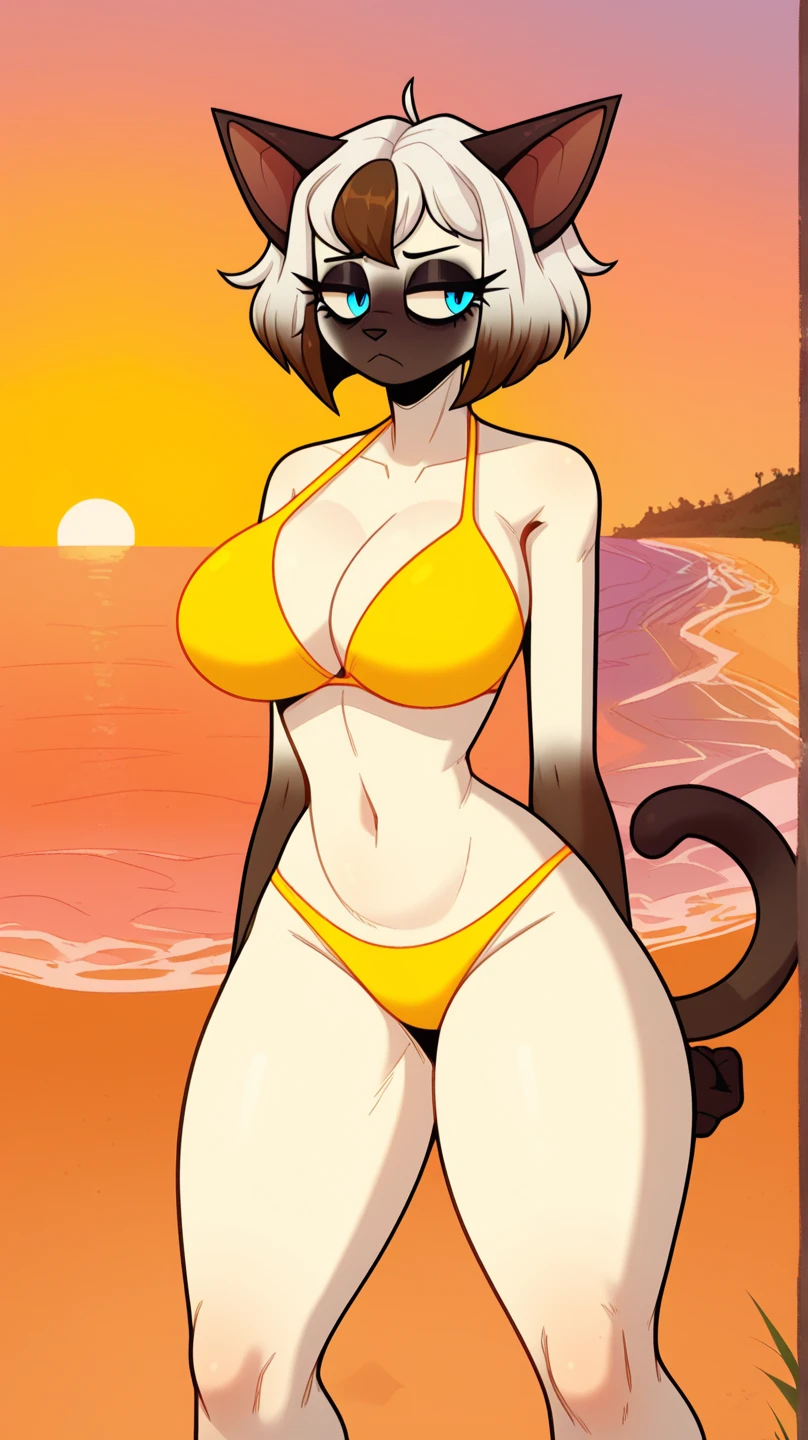 (solo:1.4),(masterpiece), (best quality:1.3), ultra detailed, intricate, professional art, digital art, absurdres, kalibelladonna, 1girl, bob hair, black hair, messy hair, cat ears, tanned skin, (tan skin:1.5), pierced cat ears, solo, Kalibelladonna wearing leopard-print-bikini Outside at village beach , pursed lips, furniture, universal lighting, from bellow view, wide hips, crotch bulge, wide hips, bubble butt,
