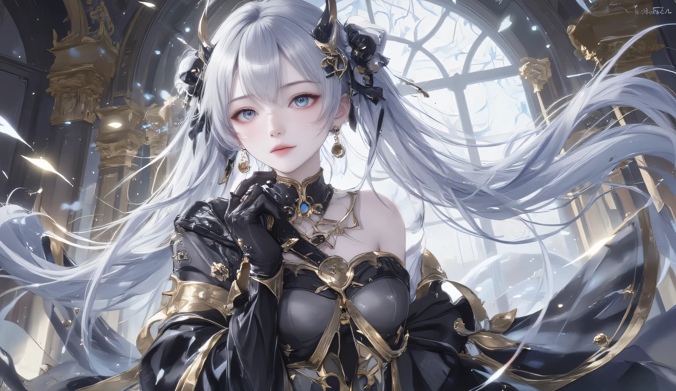 masutepiece、hight resolution、Gothic Lolita costumes、10,000 colors、colourfull、Craftsmanship、１girl with、9th class、Look at the viewer、smil、Okappa、Diamond brilliance、colorful decorations、Particles of light flutter、Detailed Gothic style、(maximalism:1.5)、diffuse lighting、(depth of fields:1.8)、gothic lorita、Diffuse reflection of light、((Background ratio:65%)、high-heels、The background is a beautiful chandelier inside the castle、Glitter background、Beautiful stained glass museum、Angle from above the knee、Breasts are small and B size、A slender、Cleavage is visible。legs are thin and beautiful,the skin is white and transparent,high-heels、Gold Anklet、