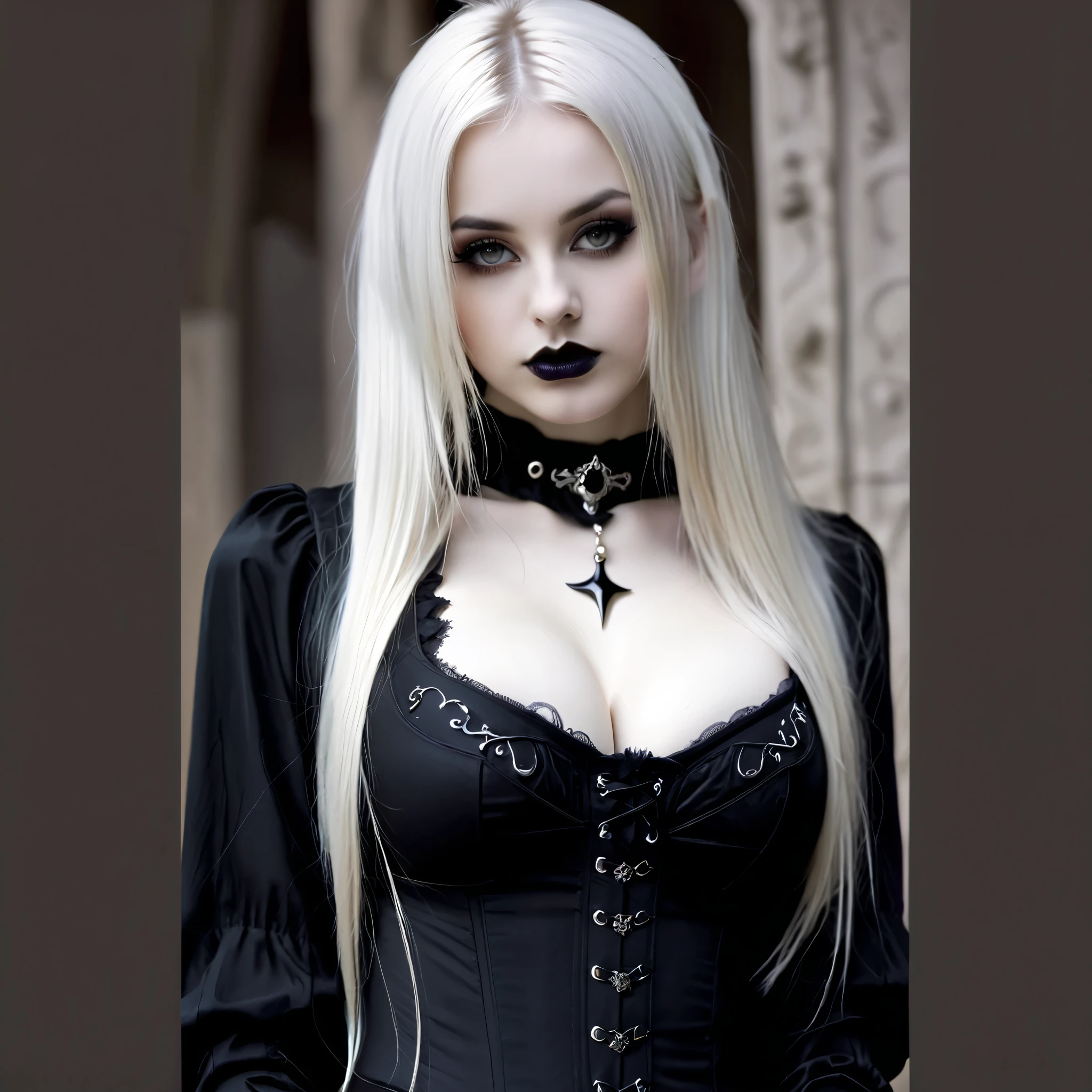 goth girl, white hair, heavy goth makeup, portrait, dark, corset, armpit