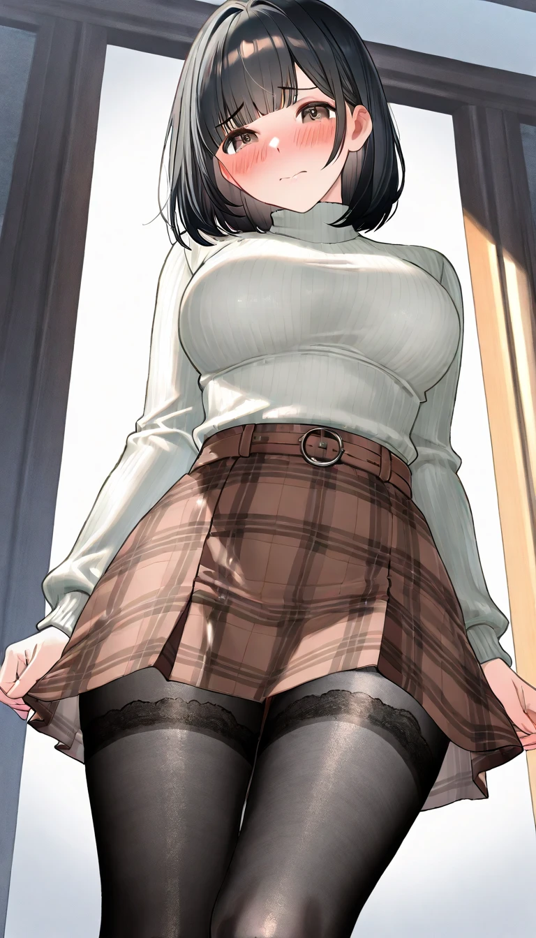 (table top, highest quality, High resolution, , perfect pixel, 4k,), 1 girl, single, alone, Beautiful woman、I could see the whole body、 ((wavy short hair, bangs, brown hair)), ((brown eyes, beautiful eyelashes, realistic eyes)), ((detailed face, blush:1.2)), ((smooth texture:0.75, realistic texture:0.65, realistic:1.1, Anime CG style)), medium breasts, dynamic angle, perfect body, ((, female teacher, , earrings、necklace、Beige Turtleneck Sweater、dark blue long flared skirt、black knee high stockings、open both legs wide、、shy smile、sit at a desk in the classroom、touch your chest with both hands)), 、、、evening、、(Pink lace panties are visible、、、angle from below)、