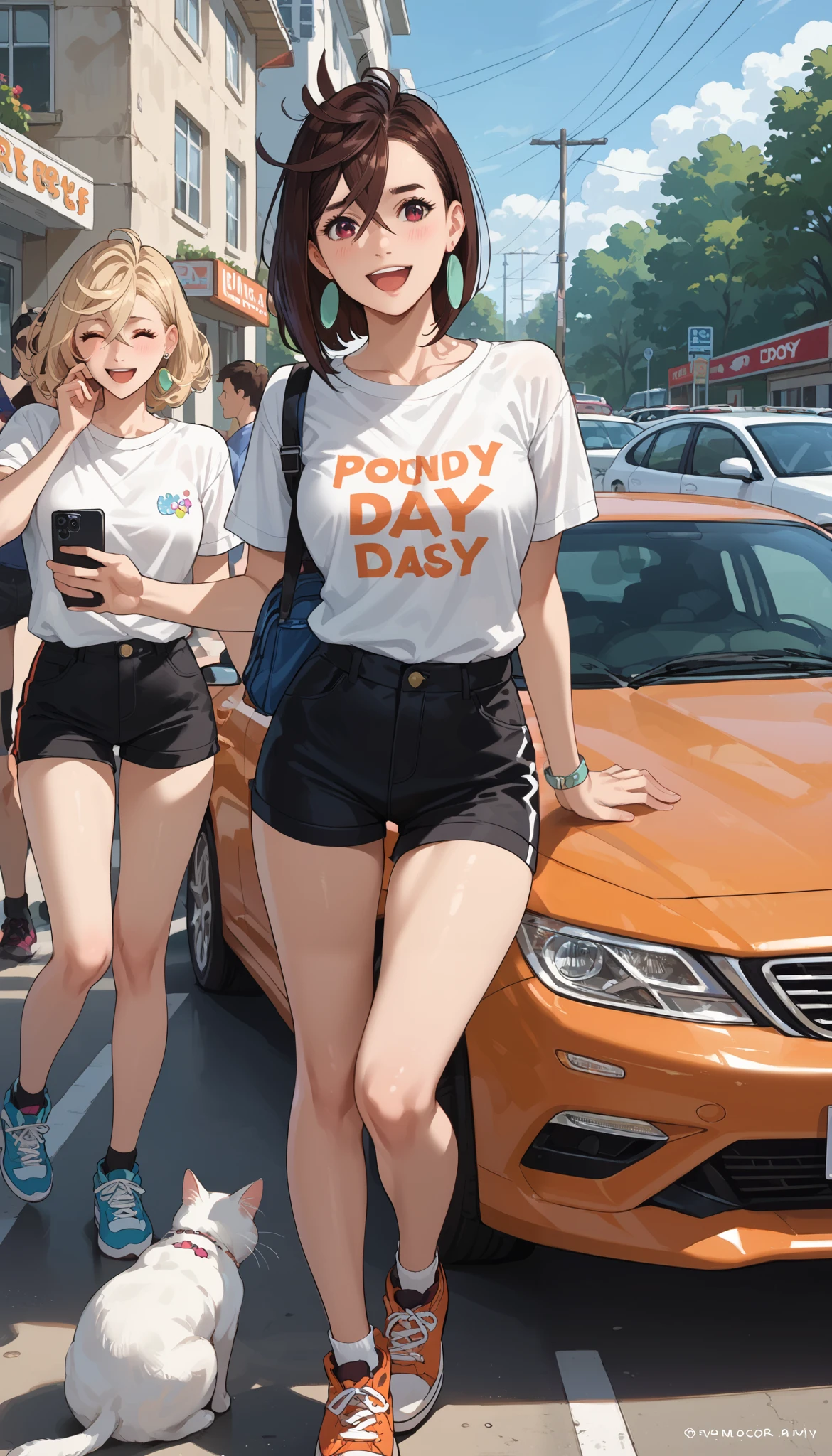 rape, naked momo ayase 18 years old as a white cat, dressed in black shorts and white shirt, looks stunning and bold with a beautiful figure. Her curly hair is perfectly styled. When she gets out of the orange car, people gather around her to take selfies with their mobile phones. Other cars are also moving around. She looks very happy and keeps smiling, loud onomatopoeic speech, bright sunny day, full length front view