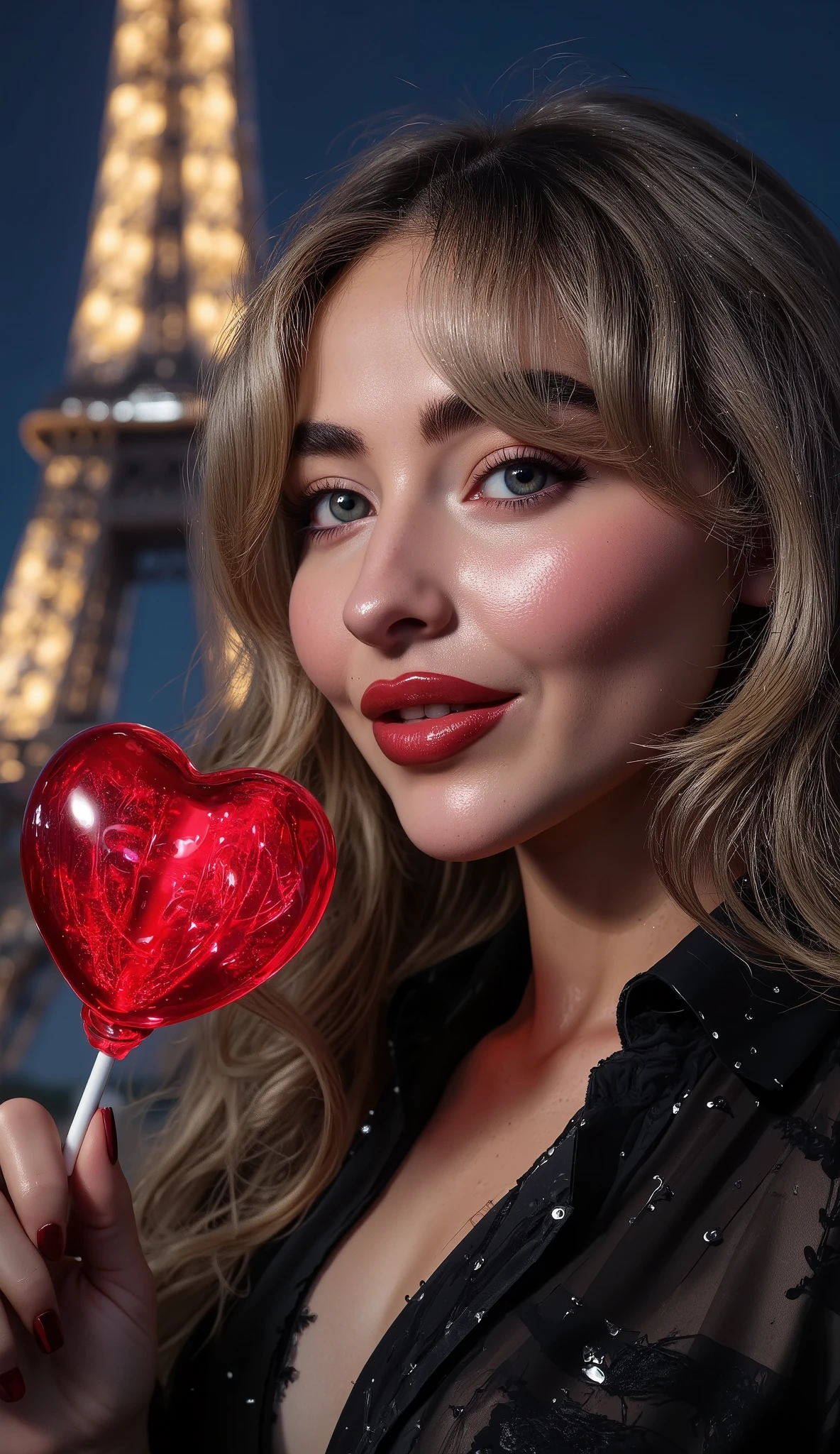 photorealistic image of a women, ultrarealistic, Photography, women, hourglass figure, perfect body, flirtatious look, big breasts, blurred background, (((she grab with her hand))) a big red heart-shaped sugar glossy lollipop very close to her mouth because it will be bitten by her teeths, lips with bright, glossy, vibrant red lipstick. Lips are slightly parted, with a playful, slightly mischievous expression as biting the lollipop, teeth visible, seductive look, seductive SMILE,long eyelashes, cat eye makeup, please keep the exact and precise facial and hair details of the selected LoRA, keep the LoRA iconic hairstyle, set the scenario in Paris, behind her should be the iconic eiffel tower at midnight, FITTED DRESS, the camera angle should find the best spot to take the photo, normal hands