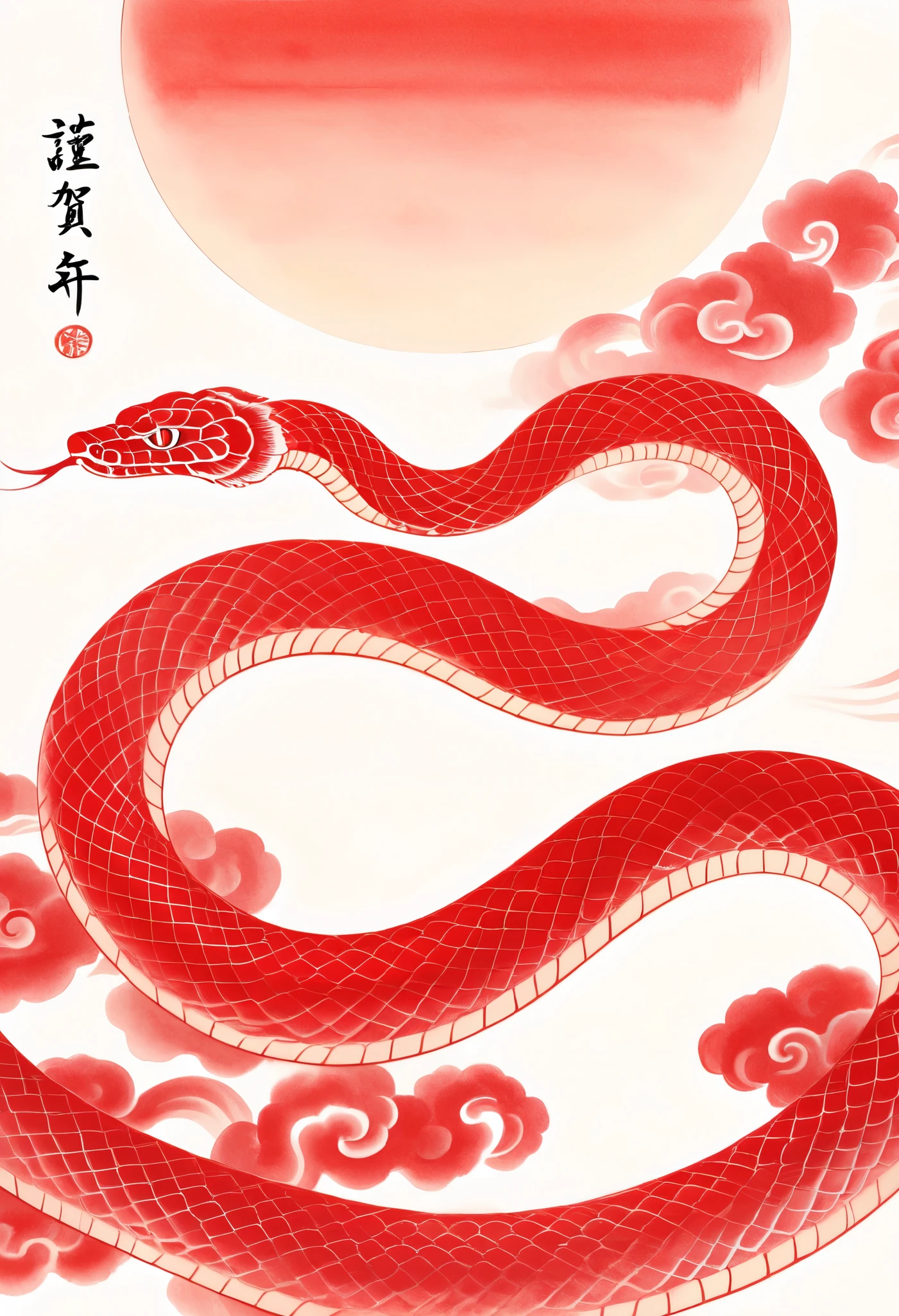 hongshe,red, traditional Chinese painting, ink painting, line, calligraphy, Chinese ink painting, line, white background, snake, a red snake, fiery red auspicious clouds, the shape of the snake is in line with the laws of nature, joyful in the Year of the Snake, the snake's slender body faces the dragon Likewise, the snake's body is drawn correctly, and the overall picture is harmonious and beautiful, full of details.