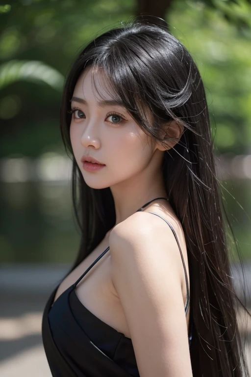 (ultra realistic) , (illustration), (increase resolution), (8K), (extremely detailed), (best illustration), (beautiful detailed eyes), (best quality), (ultra-detailed), (masterpiece), (wallpaper), (detailed face), 1 girl, black straight hair, slender body, delicate details, in the dark, deep shadow, low key, pureerosfaceace_v1, happy smile, summer dress, waterfall, rainforest