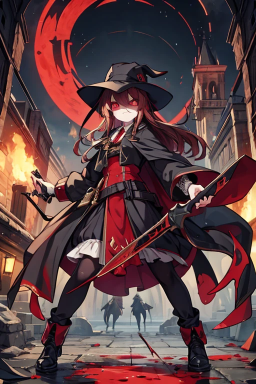 megumin, kono subarashii sekai ni shukufuku wo!, 1girl, full body, solo, standing, looking at viewer, hat, witch hat, brown hair, short hair with long locks, red eyes, blush, black choker, collarbone, flat chest, off-shoulder dress, dress, red dress, brown cape, long sleeves, black gloves, fingerless gloves, belt, brown belt, gold trim, zettai ryouiki, skindentation, (asymmetrical legwear:1.4), mismatched legwear, (bandaged leg:1.3), black thighhighs, nature, village