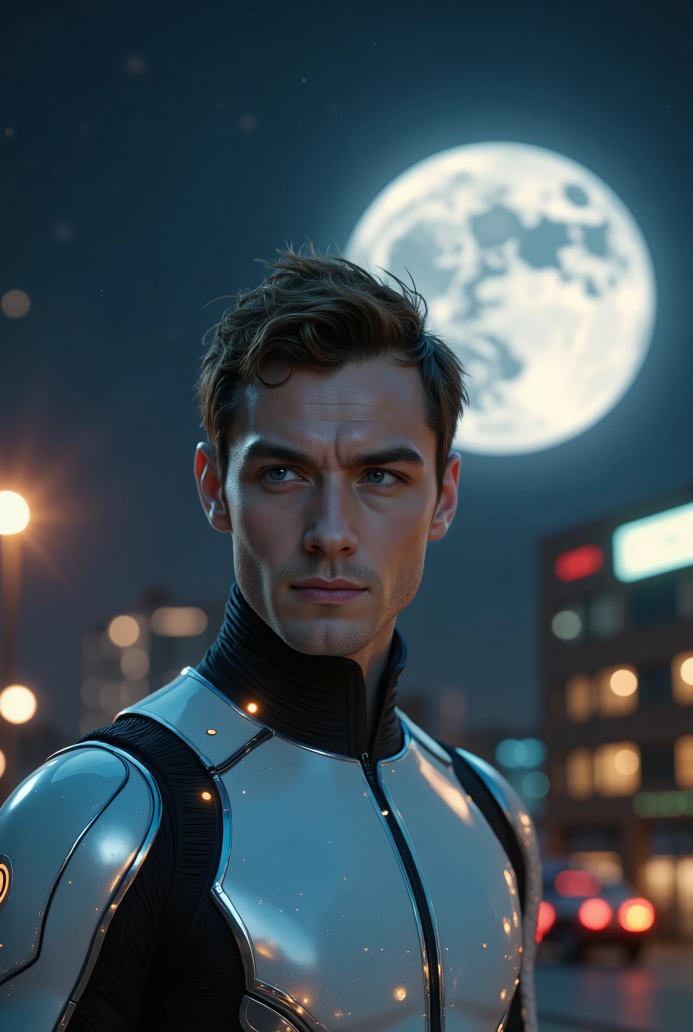 Photo, close-up, in the center of the frame is a human-like cyborg robot against the background of an urban evening landscape with myriads of stars in the sky and a huge, very large moon. An animated bot. A hybrid cyborg-style creation. Combining human and machine qualities. He has a human shell with some cybernetic improvements: he looks modern and technologically advanced.Its mechanical components feature a sleek, minimalistic design, elegant lines, and lighting that changes depending on the mood or context of communication. Its "eyes" are displays displaying various emotions or information, and its body is made of light metal materials with a slight sheen.
He looks like a botanist or a scientist. The appearance may be gentle and friendly, with a slight smile on his face to create an atmosphere of comfort and trust. The types of Jared Leto and Jude Law were used as a prototype. Maximum detail, close-up, waist-high. Night, stars, realism. Digital photo. Professional processing.