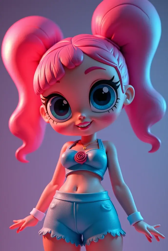 Bubble powerpuff girls realistic style and with big breasts, name Gaby in fluorescent 