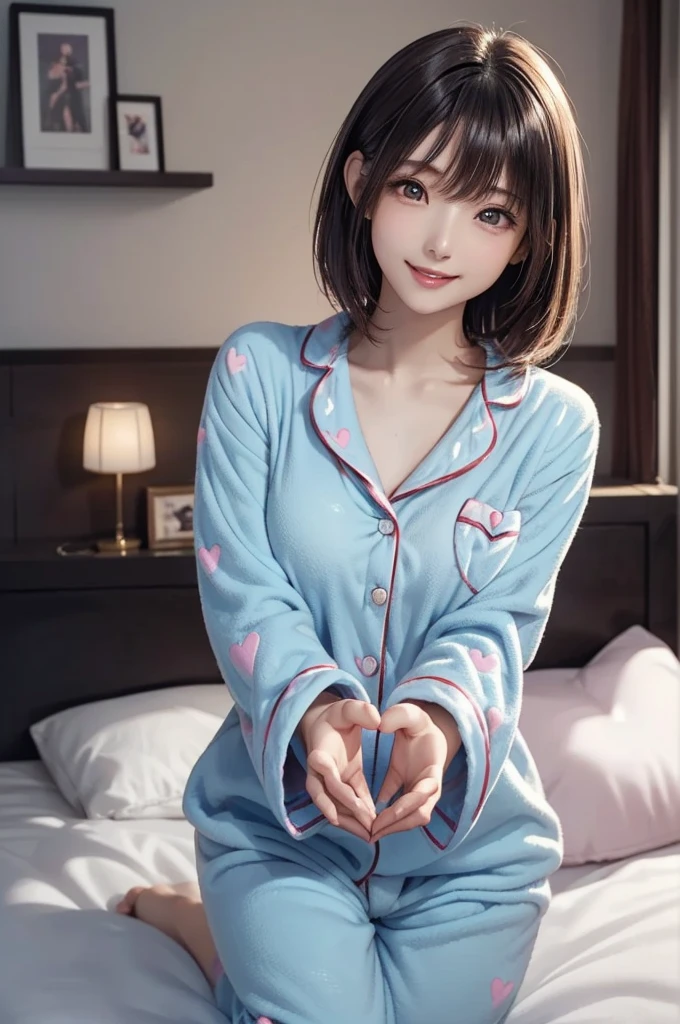 Cute 21 year old Japanese、night、on the bed、Sweat Pajamas、Cute colorful pajamas、Super detailed face、Attention to detail、Double eyelids、Beautiful and slender nose、Clear focus:1.2、beauty:1.4、(Light brown hair、short hair、White skin、best quality、masterpiece、Ultra-high resolution、(Photorealism:1.4)、