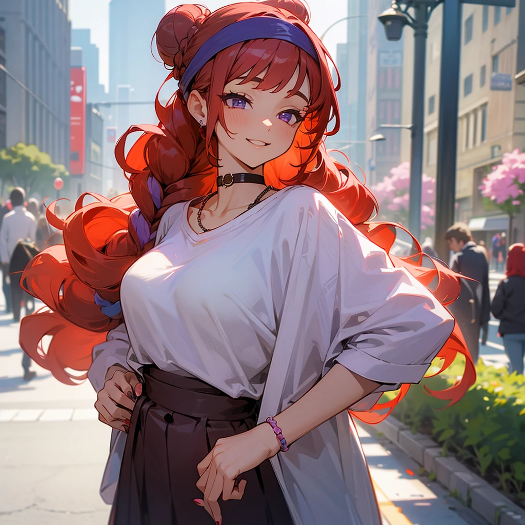 1female, adult, sexy, finely detailed light purple eyes, (curly long hair), bangs, red hair, braided bun, casual clothing, choker necklace, happy expression, (perfect generation), standing on street, detailed background, flowers, nail polish, headband