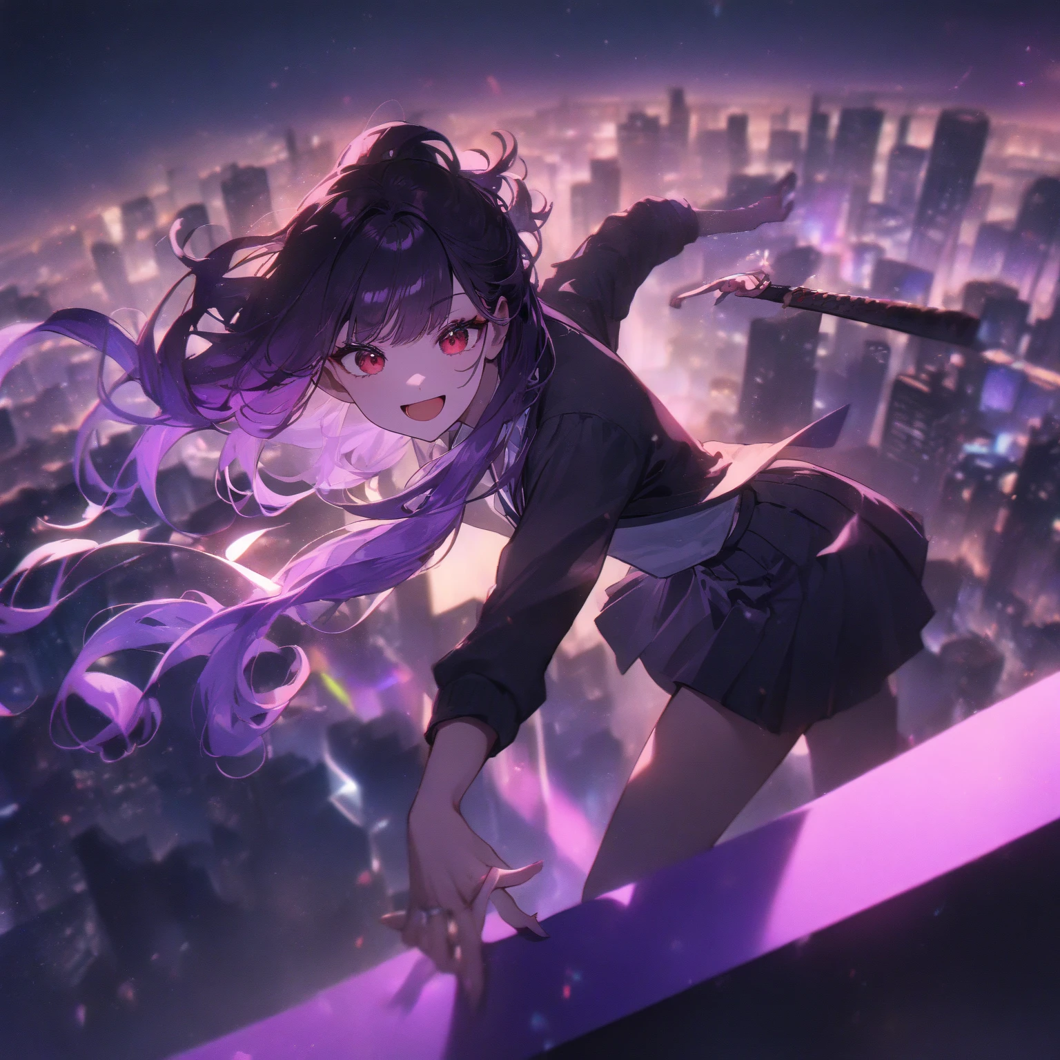 1girl, from below, dress, gloves, standing, city, wide shot, full body, ponytail, hair, frills, gts, city, buildings, rampage, destruction