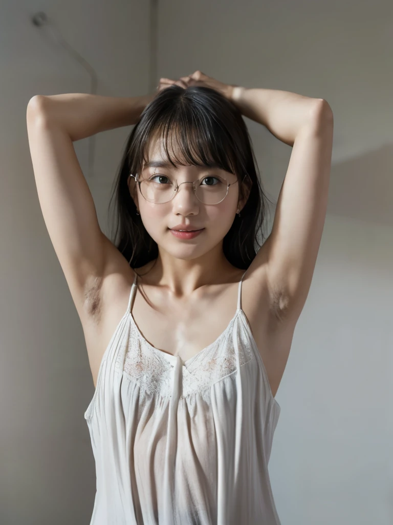 1girl, (Japanese girl, hands behind head, hairy armpit exposed), ((white camisole dress, lace)), (flat chest:1.3), (hairy armpits:1.4, armpit hair:1.4), glasses, smile, pale skin:1.2, white wall, studio lighting, looking at viewer, Realistic, (real picture, Intricate details), natural skin texture:1.5