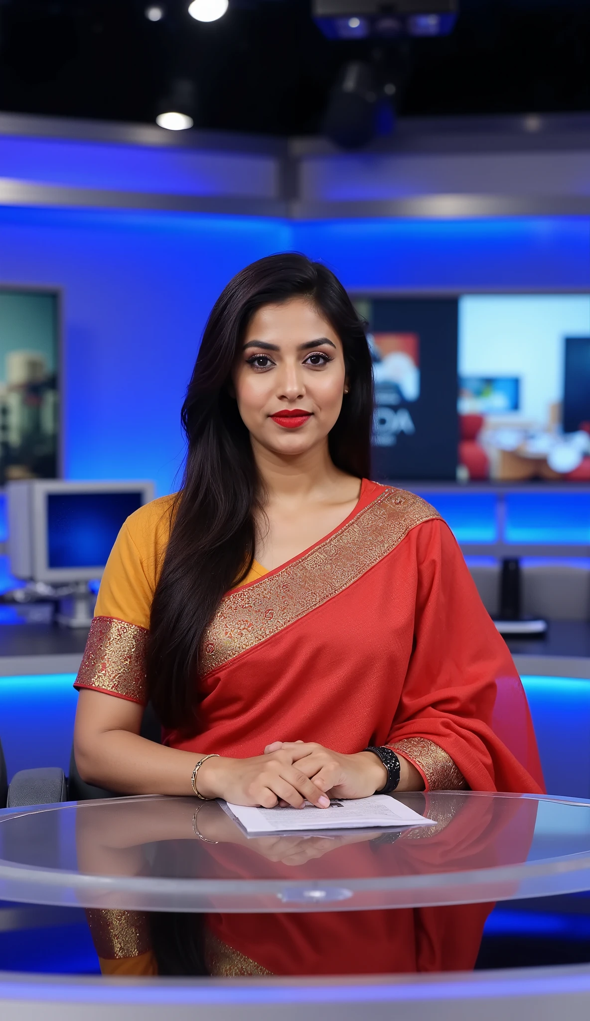 A professional Indian news anchor woman on a modern news set. She is wearing traditional Indian attire, colourful saree, with a microphone in hand. The news studio is well-lit and contains a large news desk and multiple screens displaying various news graphics. Her confident demeanor shows that she is experienced in her role.