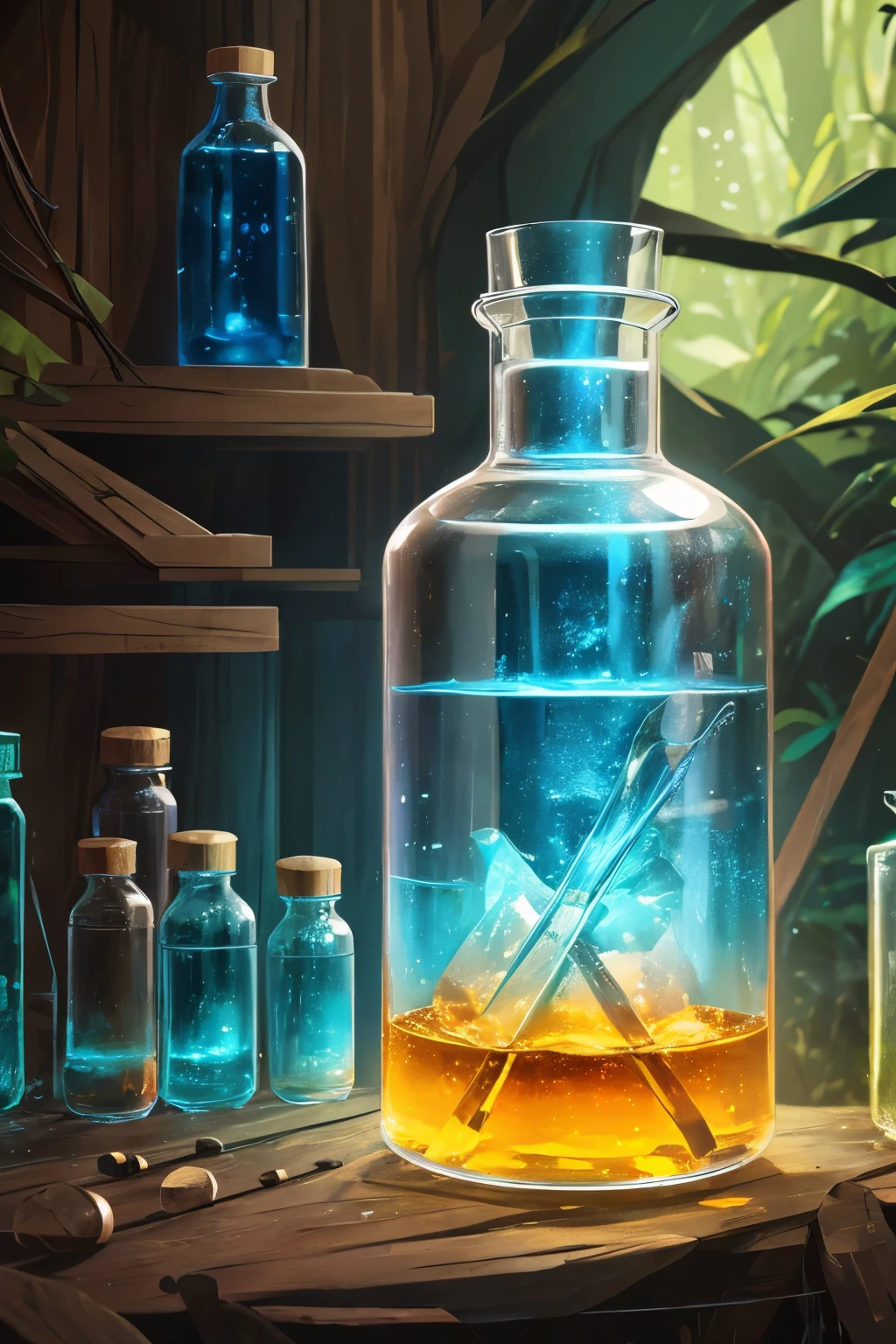 A secret laboratory in the woods 。 lots of flasks and beakers。 there are lots of glowing reagents and ores on the shelves。