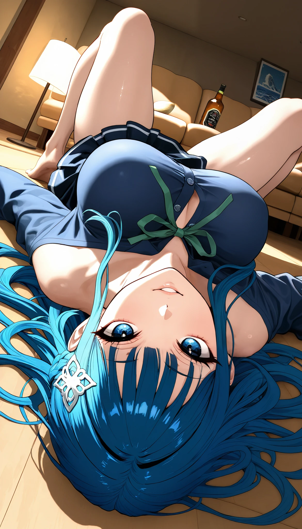 KonoSubaAqua, goddess of water, long Blue Hair with waves like waves, deep blue eyes like the sea , hair ornament , by the beautiful, Blue Hair, anillos para el pelo, lying lazily on a sofa , mischievous smile, presumed, very short skirt with waves , White stripes under the skirt , blue buttoned shirt, exposed thighs , bare shoulders, separated sleeves , white thighs, legs spread wide apart , Lying on the couch with arms and legs apart., Very short skirt that highlights your curves , dark blue shirt , Green ribbon decoration on the neck ., indoors, home, alcoholic beverage on the floor , beer, cup, Sosteniendo la cup, Drink, looking at the viewer, photo of cowboy , Dutch angle ,A hentai manga scene , a detailed manga panel in black and white, an intricate line drawing , a very detailed anatomy , erotic, sensual, Explícita, suggestive, beautiful and detailed eyes , beautiful detailed lips , extremely detailed face, long eyelashes , seductive expression , provocative pose, dynamic composition , HIGH CONTRAST, dramatic lighting , melancholic atmosphere , seen from below, big boobs,Boobs from below