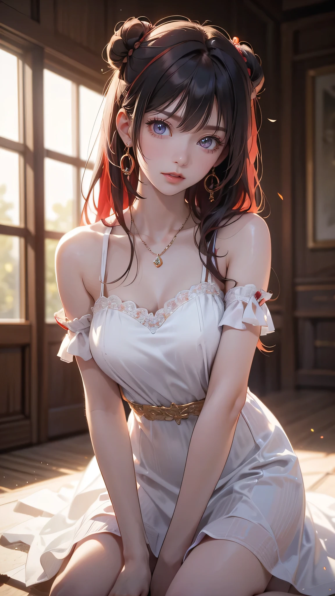 masterpiece, high resolution, beautiful woman, Korean Beauty, 30 years old, (summer dress, neckless, ear ring), (Black hair, twin bun), (Red inner hair), beautiful woman, smile face, looking at me ,smile, (high resolution face), (high resolution eyes), (The background is in the room)、(Random pose)、(Glare)、Feet Focus, Displeased,