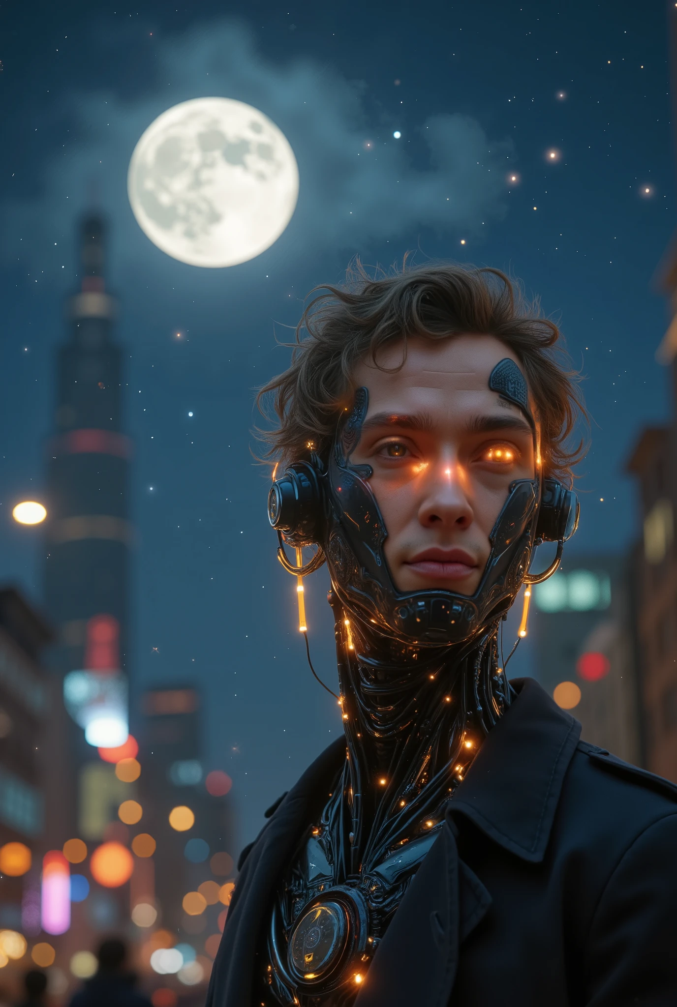 Photo, close-up, in the center of the frame is a human-like cyborg robot against the background of an urban evening landscape with myriads of stars in the sky and a huge, very large moon. An animated bot. A hybrid cyborg-style creation. Combining human and machine qualities. He has a human shell with some cybernetic improvements: he looks modern and technologically advanced.Its mechanical components feature a sleek, minimalistic design, elegant lines, and lighting that changes depending on the mood or context of communication. Its "eyes" are displays displaying various emotions or information, and its body is made of light metal materials with a slight sheen.
He looks like a botanist or a scientist. The appearance may be gentle and friendly, with a slight smile on his face to create an atmosphere of comfort and trust. The types of Jared Leto and Jude Law were used as a prototype. Maximum detail, close-up, waist-high. Night, stars, realism. Digital photo. Professional processing.
