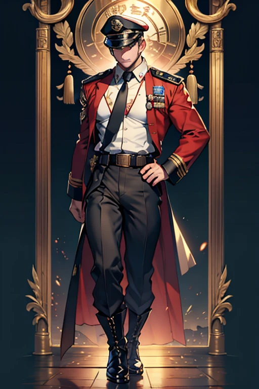 He was a handsome and sunny young man，Age about 25 years，Thin in size，There are Russian roots，Has short dark brown hair，Hair Very Short，almost bald，He wears a large white brimmed hat in the style of the Soviet army on his head，Wearing a white military uniform，Wearing a blue army coat，A red scarf wrapped around his neck，Wearing black trousers，Black leather shoes and black socks，Draw a full-body image