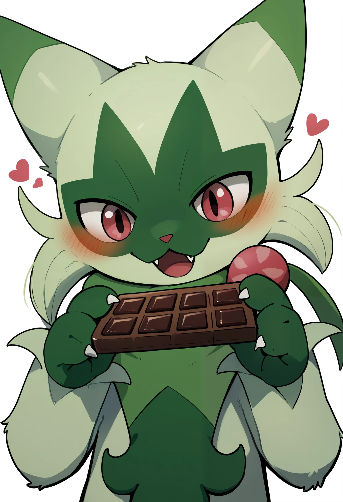 score_9, score_8_up, score_7_up, score_6_up, score_5_up, score_4_up, solo, furry pokemon creature, floragato,upper body,holding chocolate bar with packaging,opened mouth,happy,smile,dafaski_style,looking down,heart emoticon,gleaming eyes