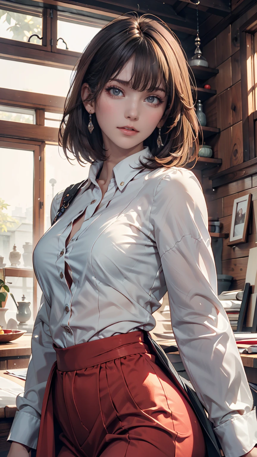 T-Shirts, coat, , (Realistic:1.4), (Highest quality:1.0), (Ultra-high resolution:1.0), 8k, RAW Photos, (masterpiece:0.2), , Did G, One girl, Detailed skin, View your viewers, Brown eyes, (Short hair with bangs:1.2), (Large Breasts:1.0), (Large areola:0.8), , (Pure Eros Face_v1:0.5)