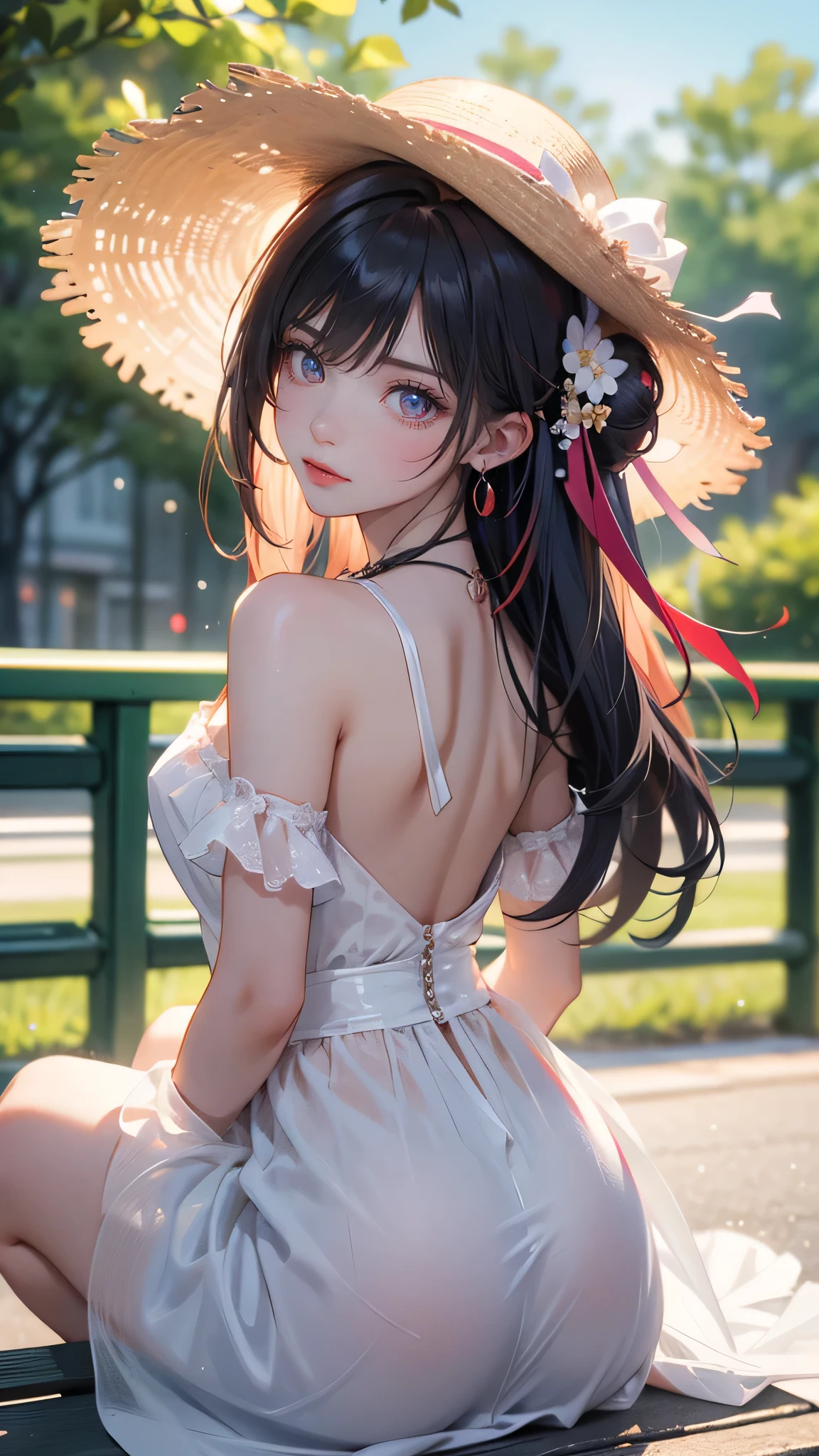 masterpiece, high resolution, beautiful woman, Korean Beauty, 30 years old, (summer dress, summer hat, neckless, ear ring), (Black hair, twin bun), (Red inner hair), beautiful woman, smile face, looking at me (high resolution face), (high resolution eyes), (The backgroundd, Flowers, )、(Sit on Park bench )、(Glare)、Feet Focus, Displeased,
