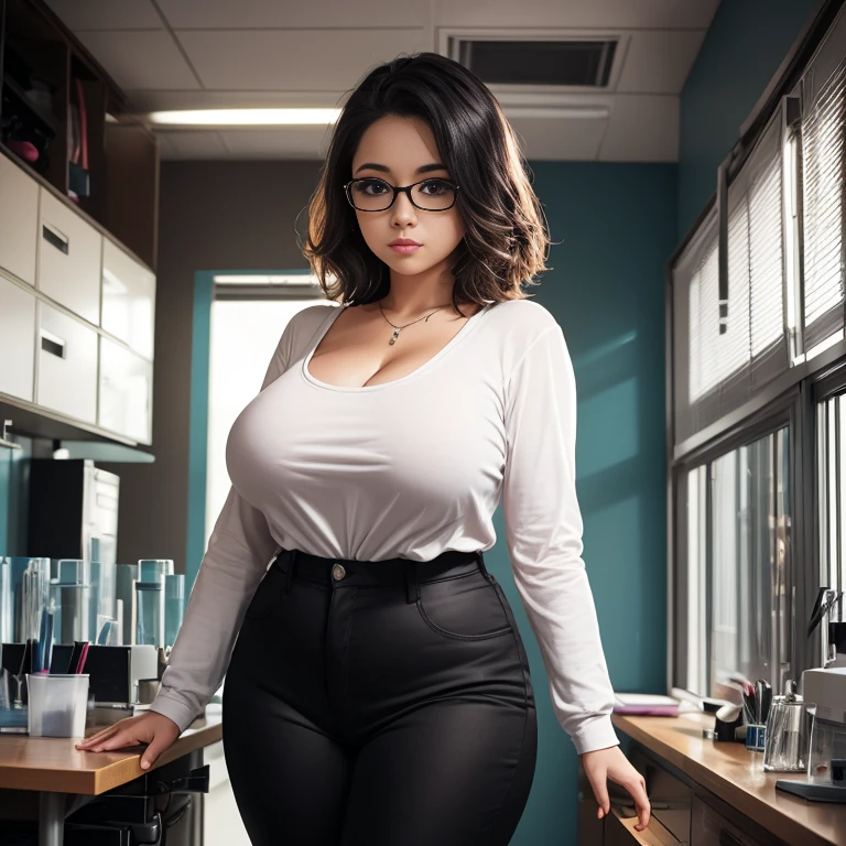 Beautiful woman, curvy body shape, hourglass body shape, very wide waist, fitting breasts, very curvy accentuated booty, loose bun, glasses, Business outfit, modern Office, standing, leaning on a desk, depth of field, bokeh
