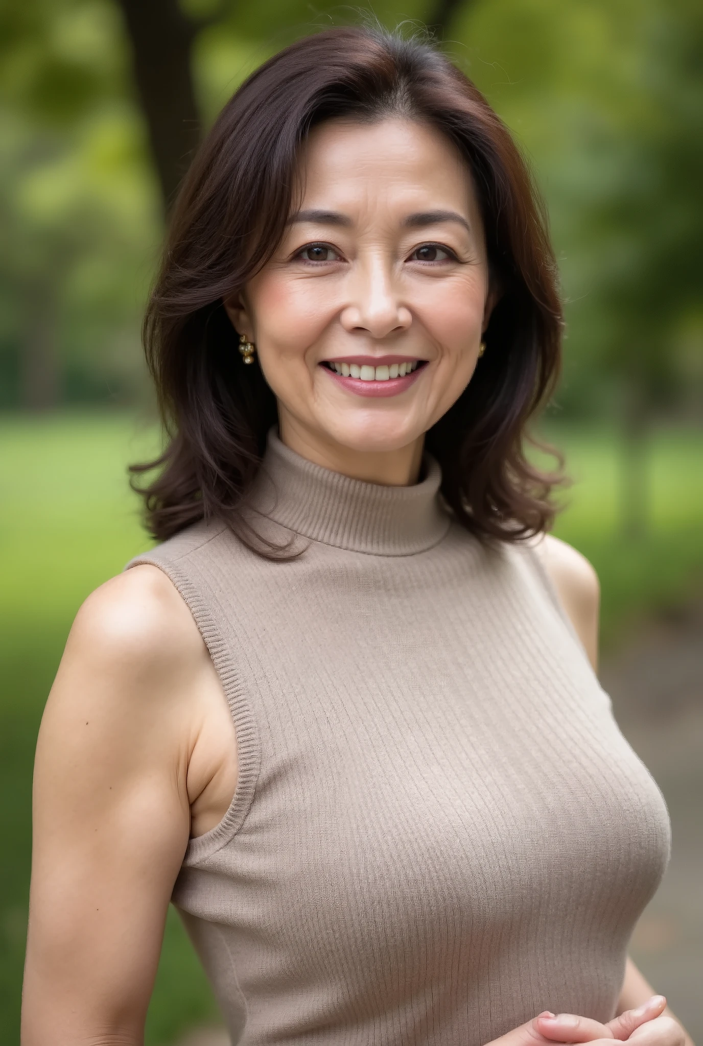 Beautiful middle-aged woman standing in a park (48 years old: 1.4), ( face), wavy dark hair ,Slender and long legs, fine laugh lines: 1.2, and a bewitching smile . 。 sharp facial details , amazing beauty (Ultimate beauty), It features 、 (lipstick: 1.1), ( eyeliner: 1.2), mascara, and eyeshadow . model exudes elegance and confidence , Large garden nearby and high resolution , photo by Nomi quality ( by Nomi: 1.2, hyper by Nomi: 1.1, photo by Nomi: 1.37), Unmatched Beauty Live Venue, and formal aesthetics (1.4). The image is rendered with sharp focus (1.4), allows depth of field, and physical base rendering . Each fashion pattern has sophisticated seasonal styling, 。 The image exudes clarity and refinement 。Moss colored turtleneck sleeveless knit dress, with makeup including a blurred abstract background 、 reflects quiet refinement .