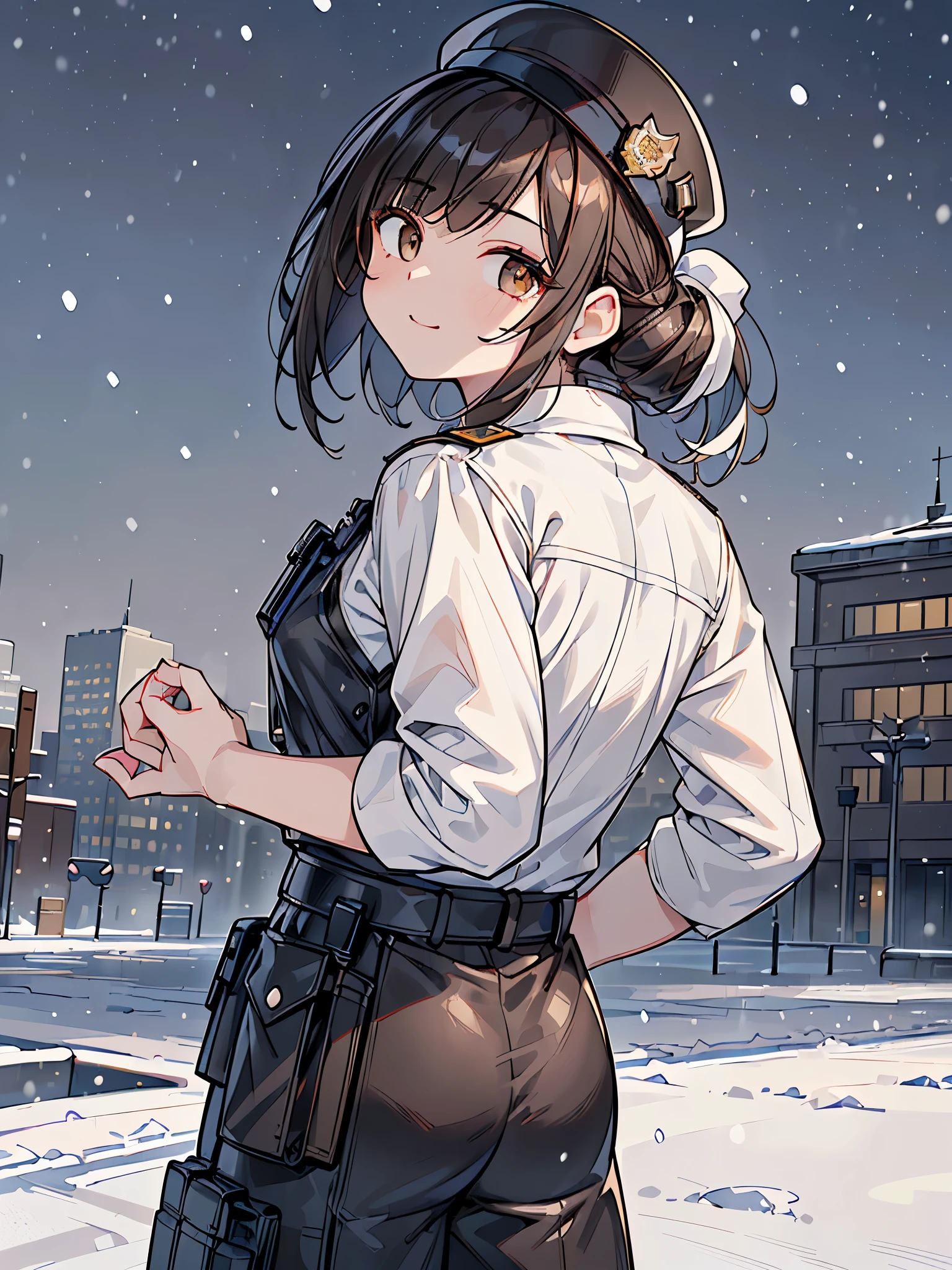 (( Masterpiece, best quality, ultra high resolution)), 1 girl, standing, confident posture , (((((police officer, 青い police uniformを着ている, police uniform)))), (((police officerの帽子をかぶっている))), (black, black beat cop hat), (((black hair, dark black hair))), Long Haircut , pale skin on a street car, ((brown eye)), Shine_eye, neon eye, (ultra detailed eye:0.7, Beautiful and Delicate Face , detailed eye:0.9), ((Center)), smile, (( wide shot)), Hire a face , eye線, ((vibrant background, snowy landscape, cityscape , snowing, snow)), file, Watch Viewers , ((half closed eye)), (( Perfect Hands)), ((head:1, Armored weapons, Hip, Elbow, visible :1)), ((( I put my hands around my back))), empty eye, beautiful lighting arranged in an orderly manner, outside, outdoor, background, Defined Subject , (Age 25), (head tilt), (((amazing))), (((nice))), (( shading face ))