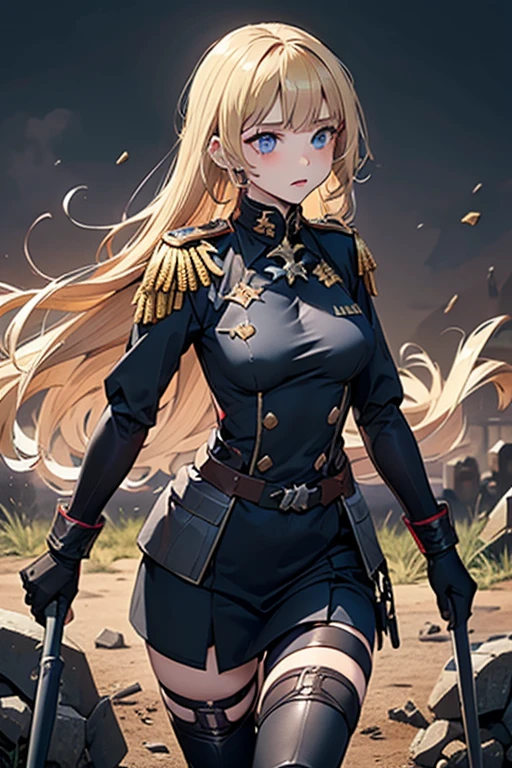 A woman wearing a custom military dress, military hat, big breasts, wearing a cape, long blonde hair, blue eyes, in the upper part of a German city, with the city in the background, perfect quality, masterpiece, ultra resolution, very detailed, 4k hd.

