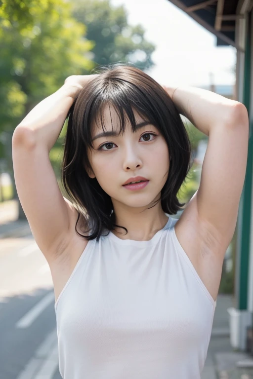 beauty、Japan.Big Breasts、Short sleeve knit、Put your arms behind your head、