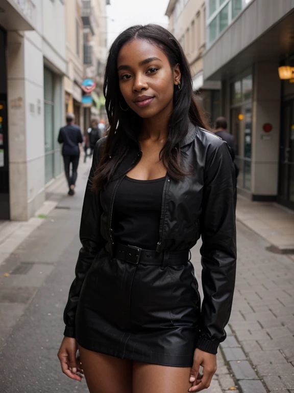 creates the image of a beautiful, elegant and sophisticated light black young woman. She is young, 45 years old. The woman has dark black curly hair, curly with little volume and medium length above the shoulders. She is wearing black pants and a pink blouse. She must have her mouth shut. She is in a beautiful and very sophisticated place, Paris style. Her hand should be very realistic and humanistic. Well-cared for hands with very realistic nails. Photo with 8k quality and blur