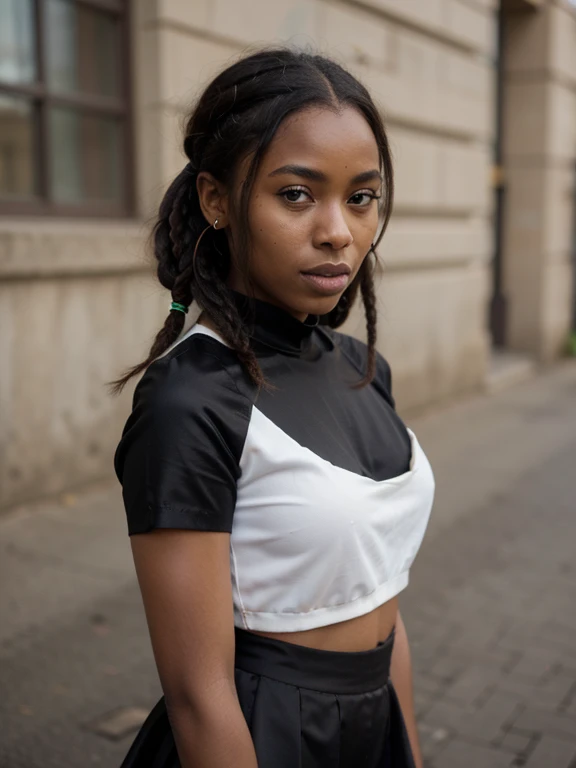 Very beautiful 15 year old black teenager with green eyes in black lycra and white blouse