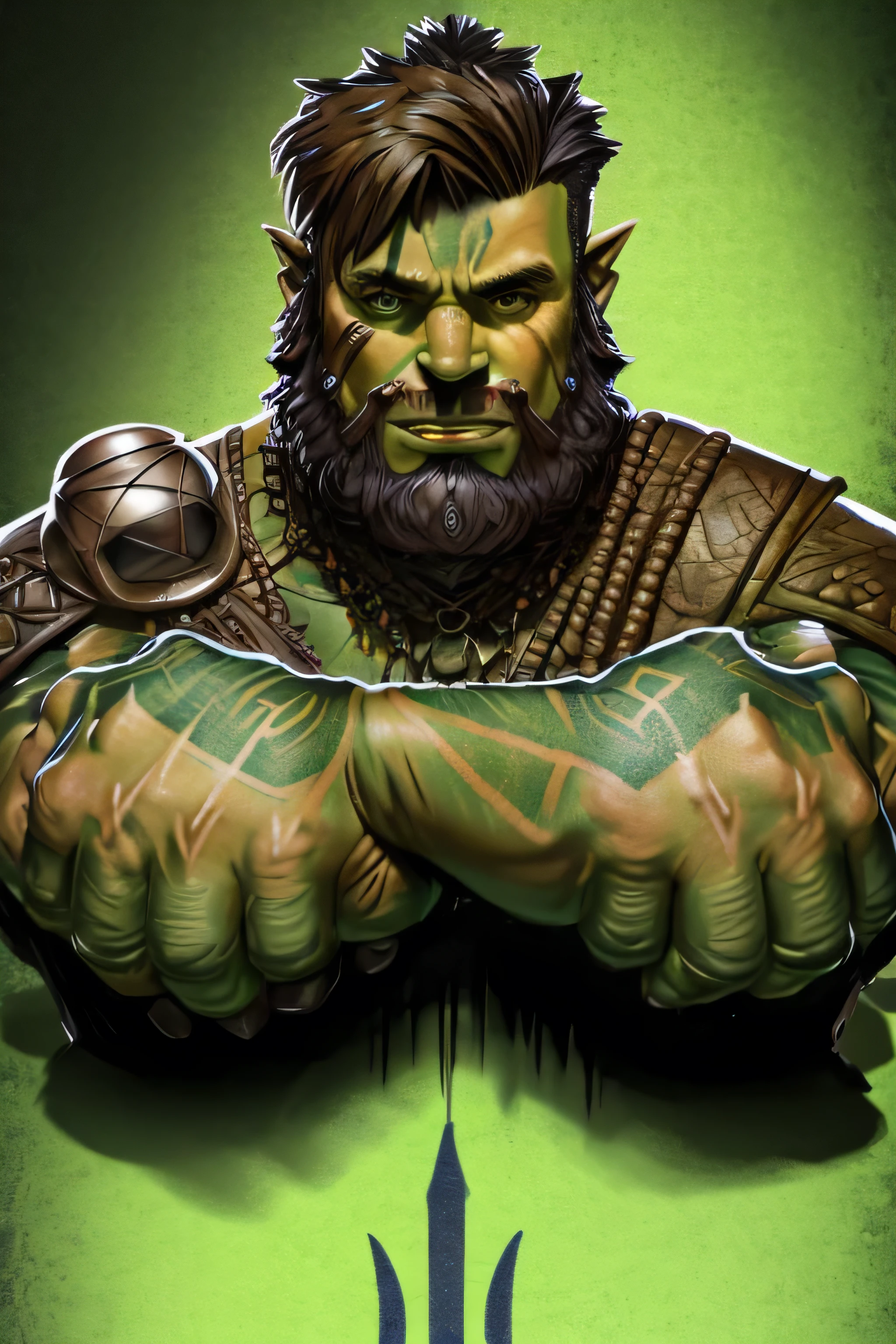 (8k, high definition, masterpiece) headshot. handsome green orc, dungeons and dragons, looking away from the camera, thick facial scruff, facial scars and tattoo.