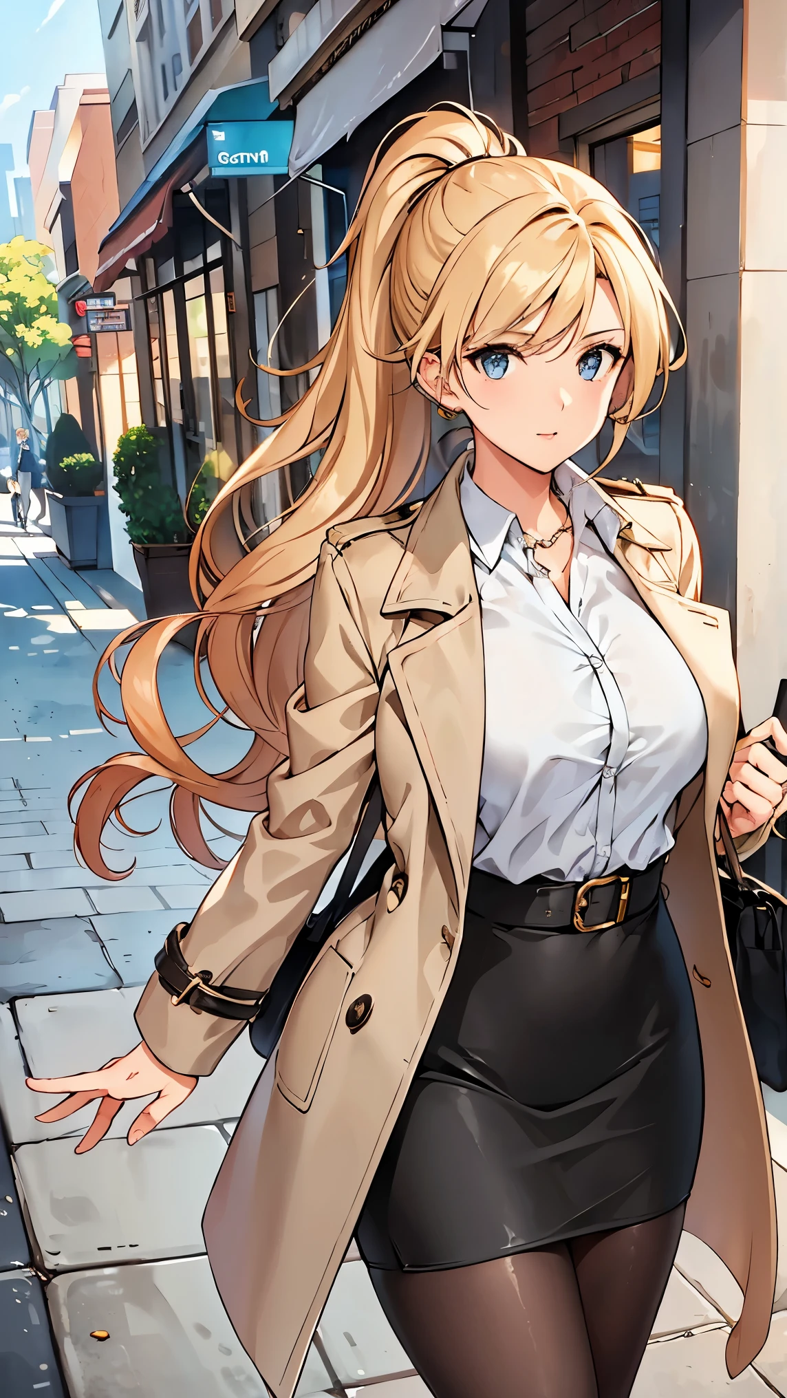A stylish young woman in her mid-20s is walking towards her office in the morning. She wears a light beige trench coat suitable for spring, with a neatly buttoned blouse underneath and a fitted pencil skirt. Her long, golden-blonde hair is elegantly tied back in a ponytail. She carries a sleek handbag in one hand and has a confident, professional expression. The background shows a city street with soft morning light, creating a warm and productive atmosphere. The image has a photorealistic style with sharp details and natural lighting