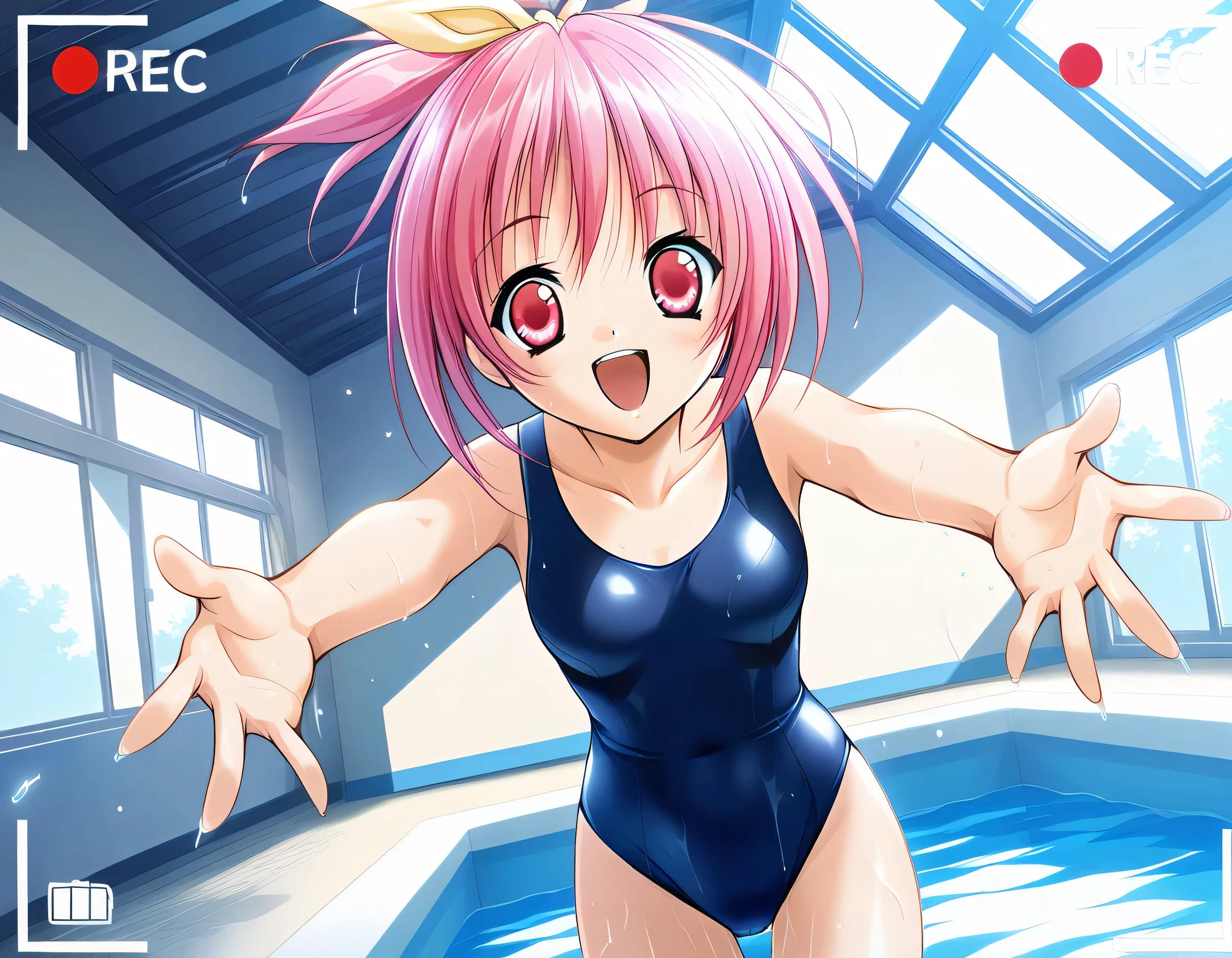masterpiece, best quality, official art, amazing quality, ultra highres, very aesthetic, highly detailed,
1girl ,Serina, pink eyes, beautiful detailed eyes, BREAK ,nsfw,school swimsuit,smile,look away,
happy,open mouth, ((look away)),onside,wet,outstretched arms,splash of water,
standing,(indoor pool),nsfw,cowboy shot, highly detailed,((recording)),