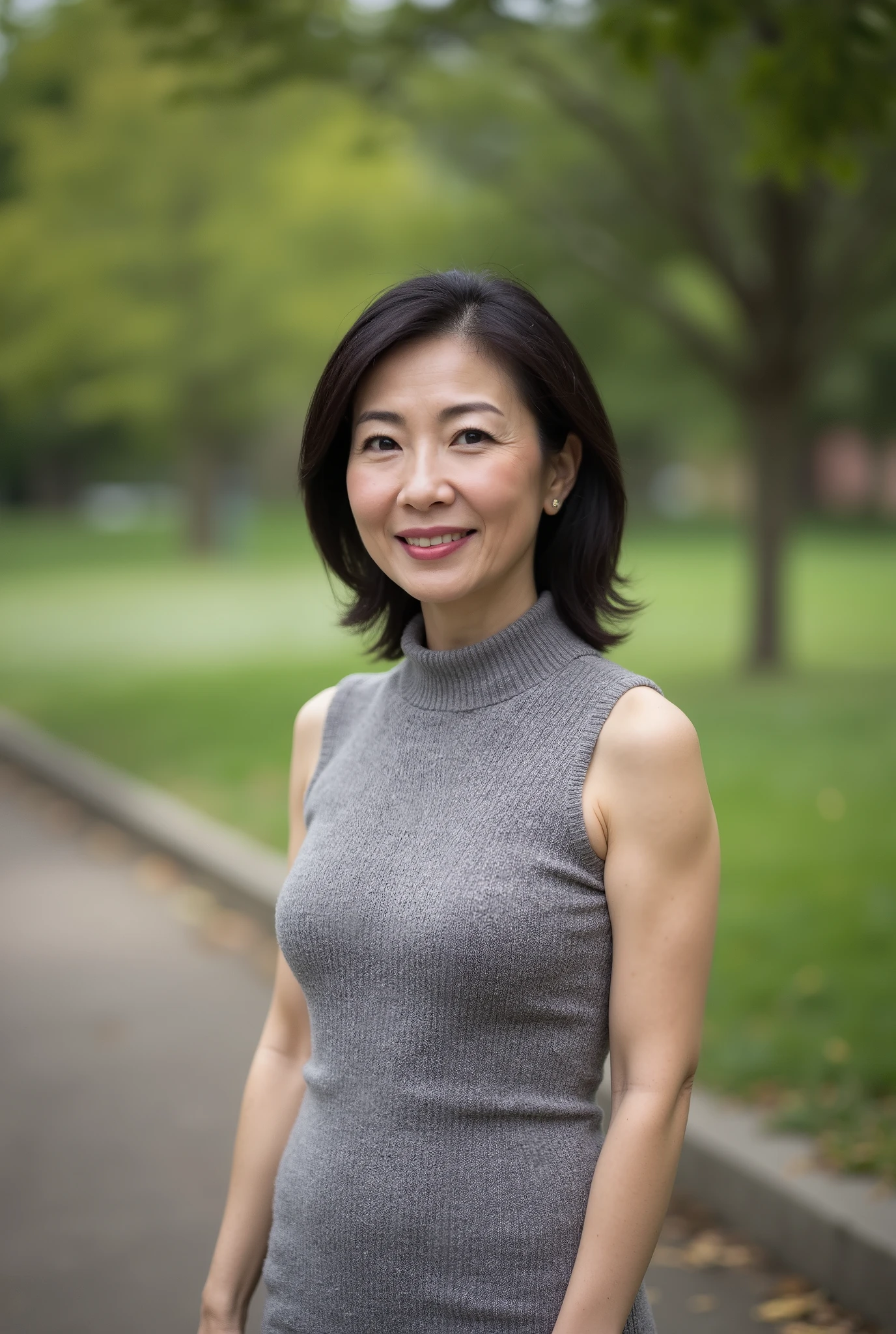 Beautiful middle-aged woman standing in a park (48 years old: 1.4), ( face), wavy dark hair ,Slender and long legs, fine laugh lines: 1.2, and a bewitching smile . 。 sharp facial details , amazing beauty (Ultimate beauty), It features 、 (lipstick: 1.1), ( eyeliner: 1.2), mascara, and eyeshadow . model exudes elegance and confidence , Large garden nearby and high resolution , photo by Nomi quality ( by Nomi: 1.2, hyper by Nomi: 1.1, photo by Nomi: 1.37), Unmatched Beauty Live Venue, and formal aesthetics (1.4). The image is rendered with sharp focus (1.4), allows depth of field, and physical base rendering . Each fashion pattern has sophisticated seasonal styling, 。 The image exudes clarity and refinement 。Moss colored turtleneck sleeveless knit dress, with makeup including a blurred abstract background 、 reflects quiet refinement .