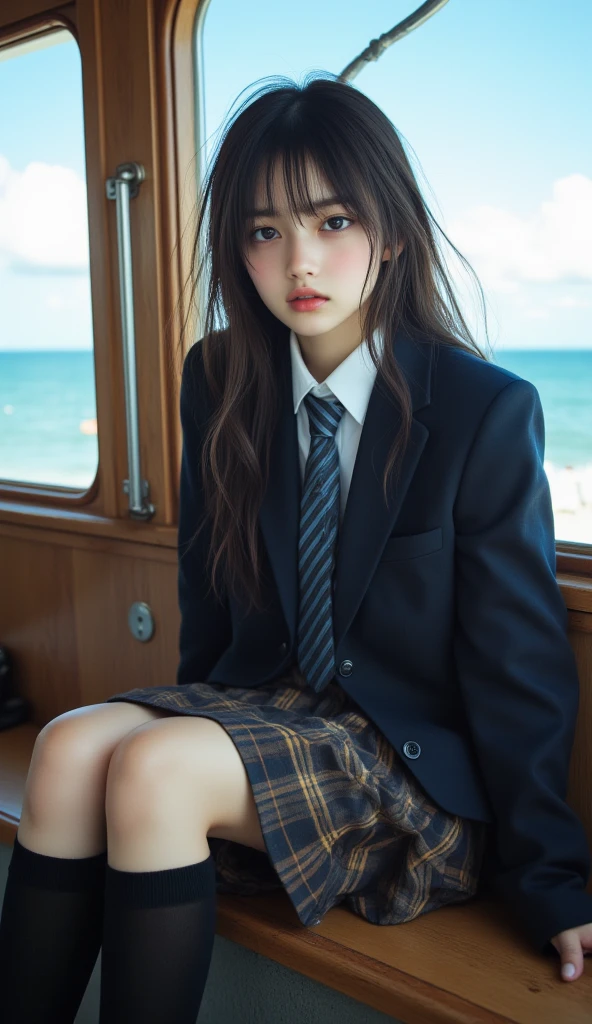 (Top Quality, Masterpiece: 1.2), (One Girl: 2), Japan High School, (Navy Blue Sailor Suit, Dark Blue Long Length Pleated Skirt: 2), (Squatting on the Ground Open Again: 2), (Perfect Legs: 1.5), (Black Loafers, Black Stockings: 2), Very Pretty, Schoolback, Bad, Vulgar, (Glaring with a Grim Look: 1.2), From the Front, (Defective: 1), (Light Brown-Red Hair, Bangs, long curly hair), (fighting, menacing, intimidating), (perfect face, perfect body, perfect outfit, perfect anatomy: 1.5), (photorealistic: 1.3), ultra detailed, (high detail skin: 1.2), (highest quality: 1.0), (super high definition: 1.0), cigarette butts, garbage