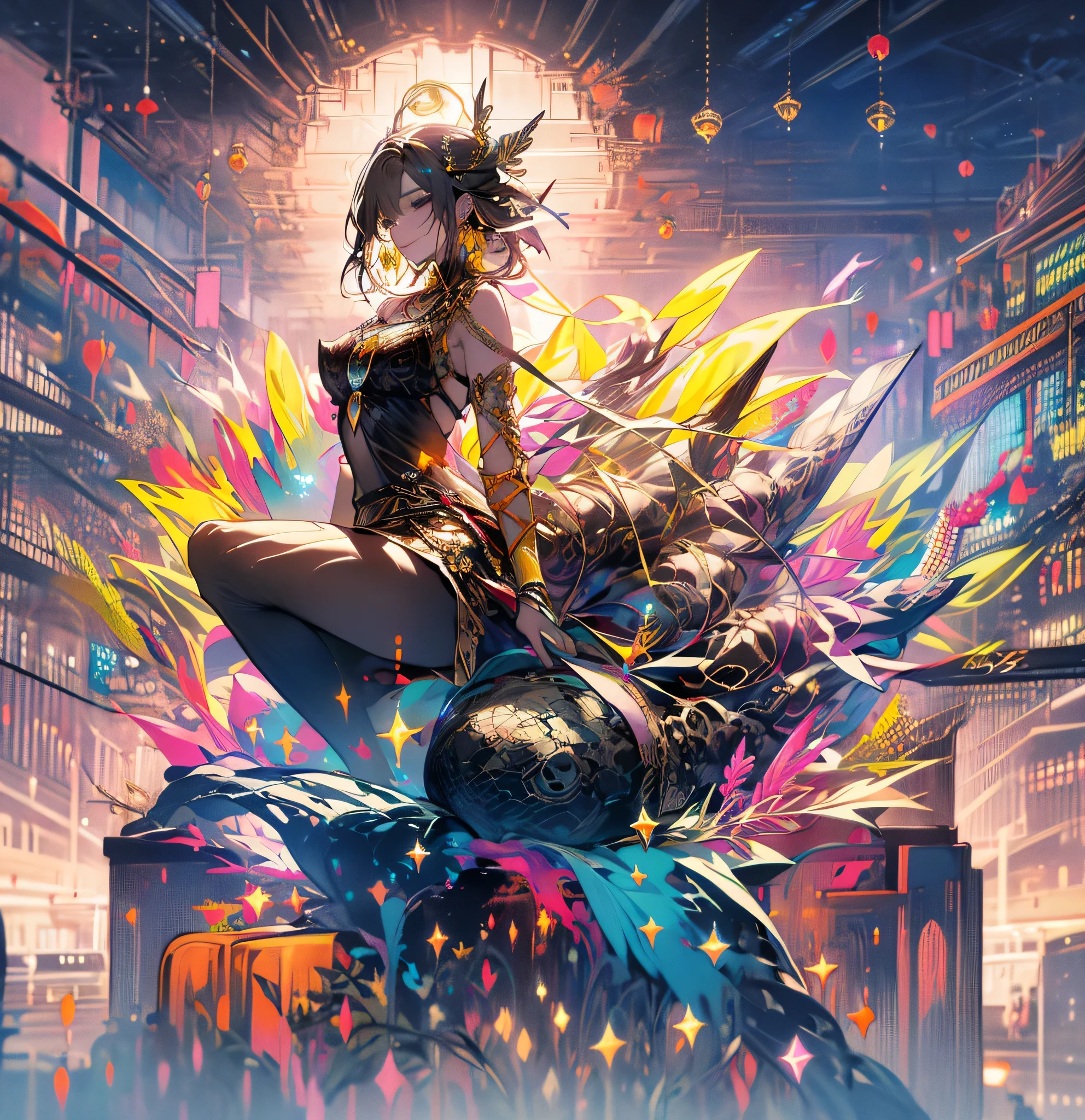  long and beautiful thighs and legs;sitting cute pose; staring on sky; mini-skirt; full stockings; aesthetic; bohemian; realistic; skinny fit; emo; ; night city background; Dark fantasy ; focus on hips; goddess; beautiful solo girl; epic scene; black and yellow outfit; emotional