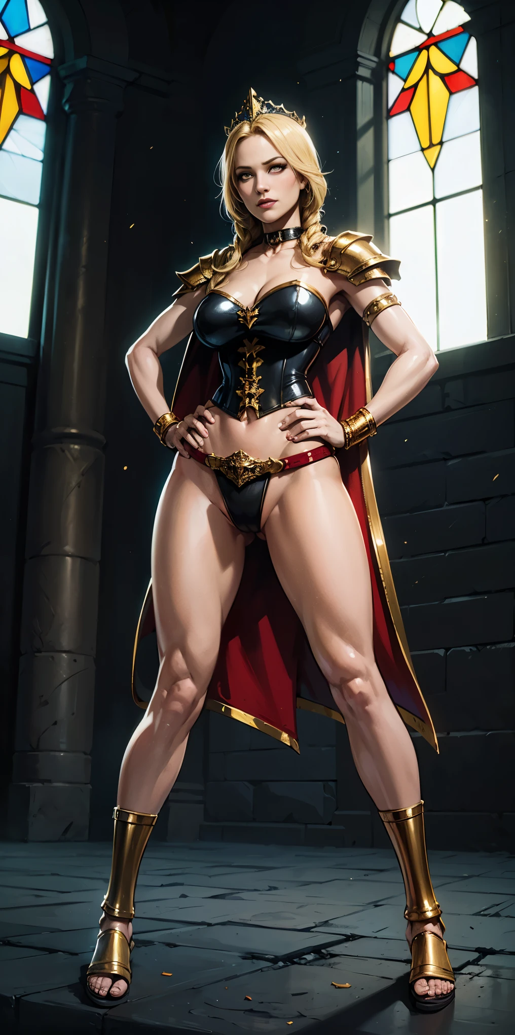 (masterpiece, best quality, plain background:1.2) full body standing height straight symmetrical looking to the viewer, view from below, cowboy shot, extremely long hair, ponytail, perfect anatomy 1girl tall solo, slim thick, ((muscular)) high elf toned body, silver breast plate, blue cape, slender abs, hourglass waist, detailed face, defined cheekbones, puffy lips, gauntlets, gold crown, shadow over eyes, white thigh highs lingerie