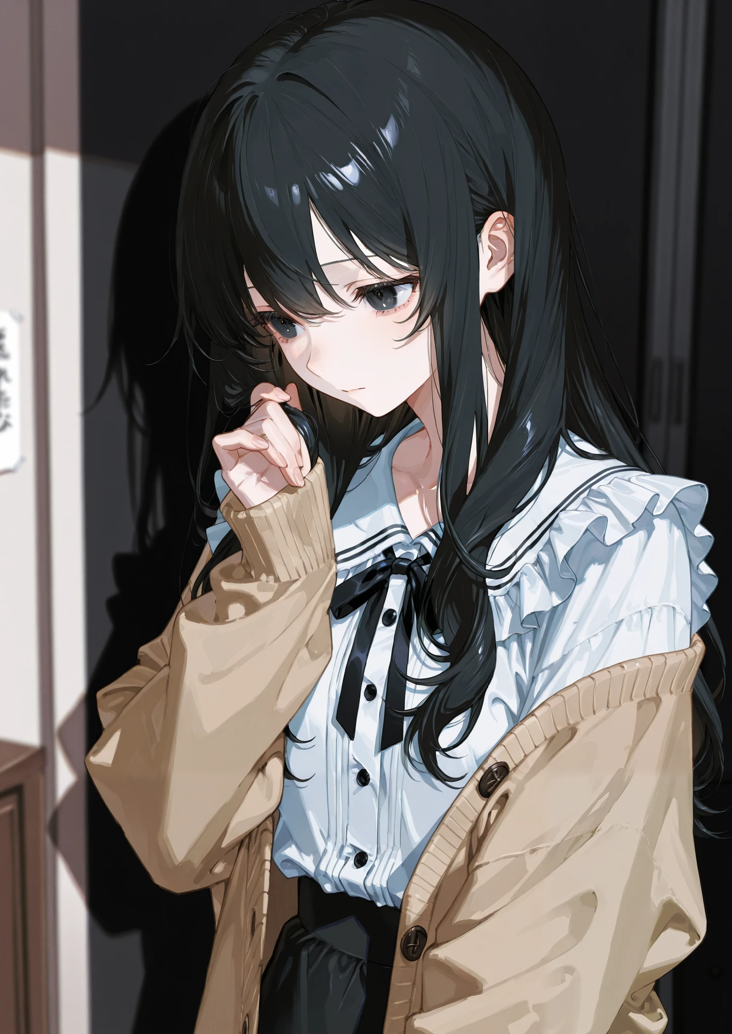One person、 wave hair、 frill、ribbon、 watching here、 Masterpiece、 top quality、 blurry background indoors、 depth of field、 detail hair、 black hair、 black eyes、 long hair、 blouse、 Cardigan、Depression、 dark、despair、shadow、Black background、Glare