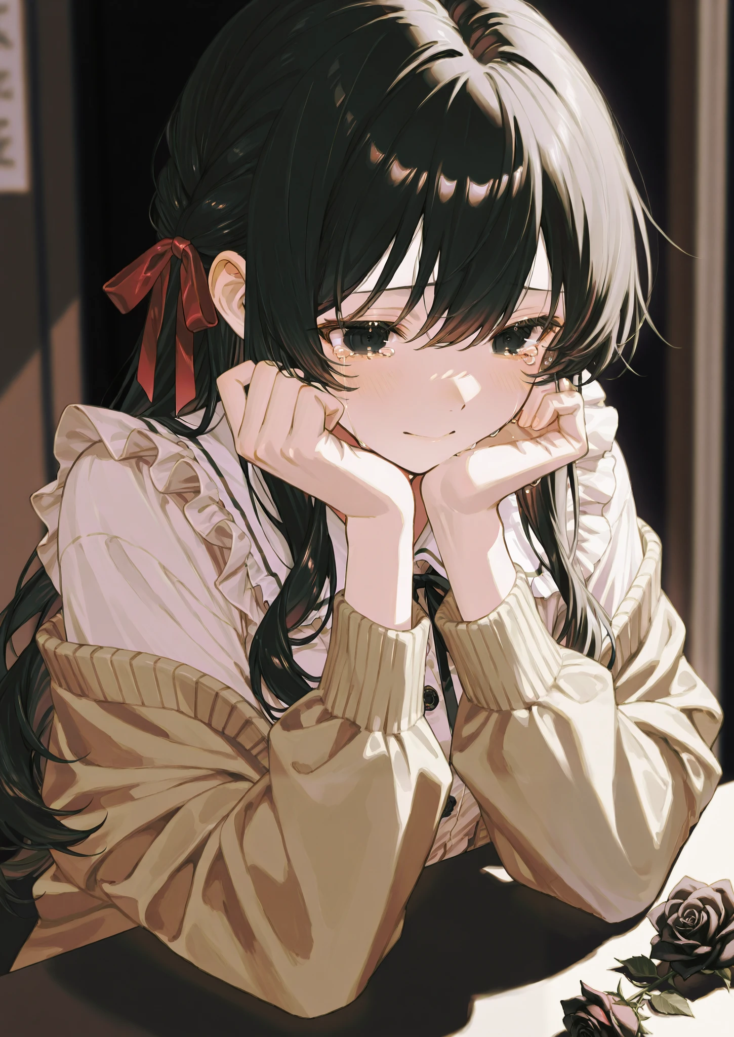One person、 wave hair、 frill、ribbon、 watching here、 Masterpiece、 top quality、 blurry background indoors、 depth of field、 detail hair、 black hair、 black eyes、 long hair、 blouse、 Cardigan、Depression、 dark、Anxious face、despair、tears、shadow、Black background、deep red rose