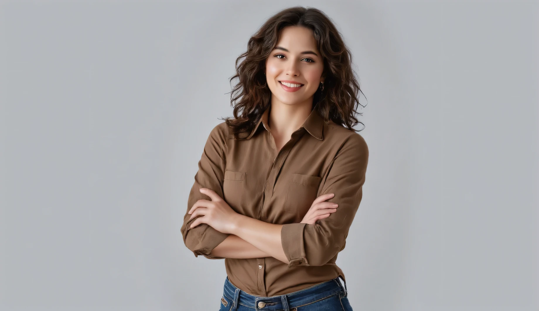 Photo of a woman with curly hair and a big smile, wearing a brown button-down shirt with the sleeves rolled up and blue jeans, standing with her arms crossed, smiling and looking at the camera, bright and even lighting, plain light gray background, casual and relaxed pose, medium shot, natural and confident expression, no makeup, earrings, medium close-up, jpeg artifacts