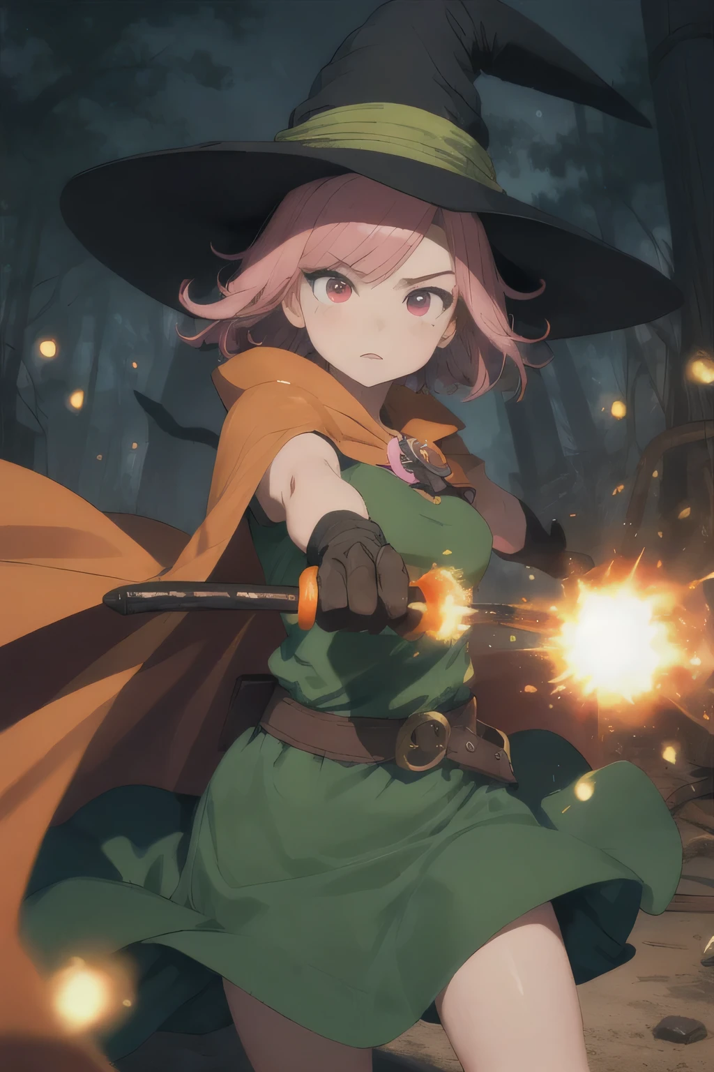 AS-YoungV2,
(8k,  masterpiece, best quality, high resolution), fantasy,
cute face, kawaii, very big eyes, Aesthetic Anime Eyes, small face,
mage \(dq3\),
short hair, pink hair, red eyes, large breasts,
witch hat, gloves, green dress, orange cape,
staff,
witch,
disdain, 
battle, fighting, casting spell,
light particles,
wasteland,
1girl, solo,